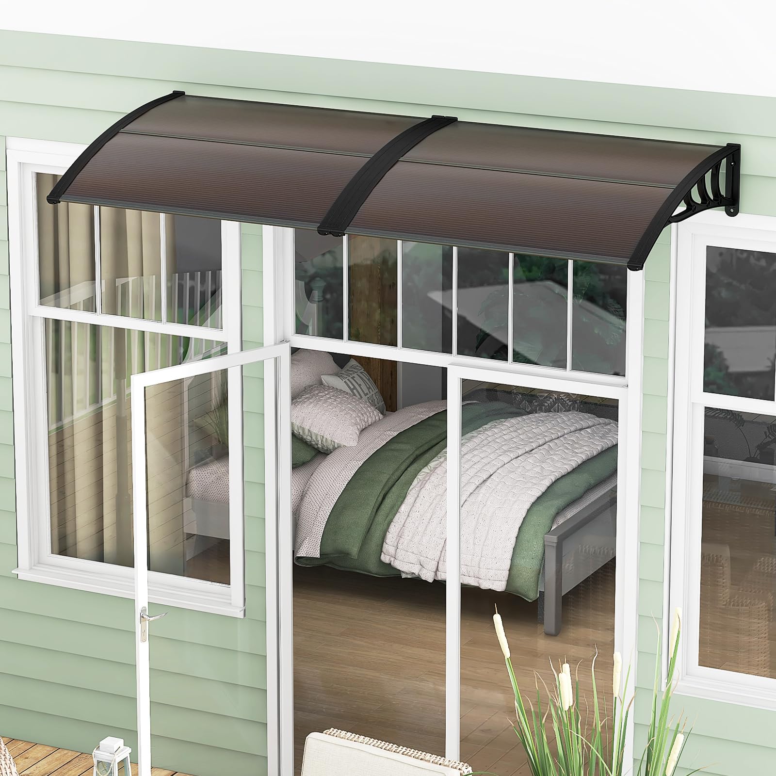 RELAX4LIFE Vordach für Haustür, 122 x 99 cm, Überdachung aus Polycarbonat & Aluminium, Türvordach für Sonnenschutz Regenschutz Windschutz, Pultvordach für Tür Eingang Hauseingang, Kaffee