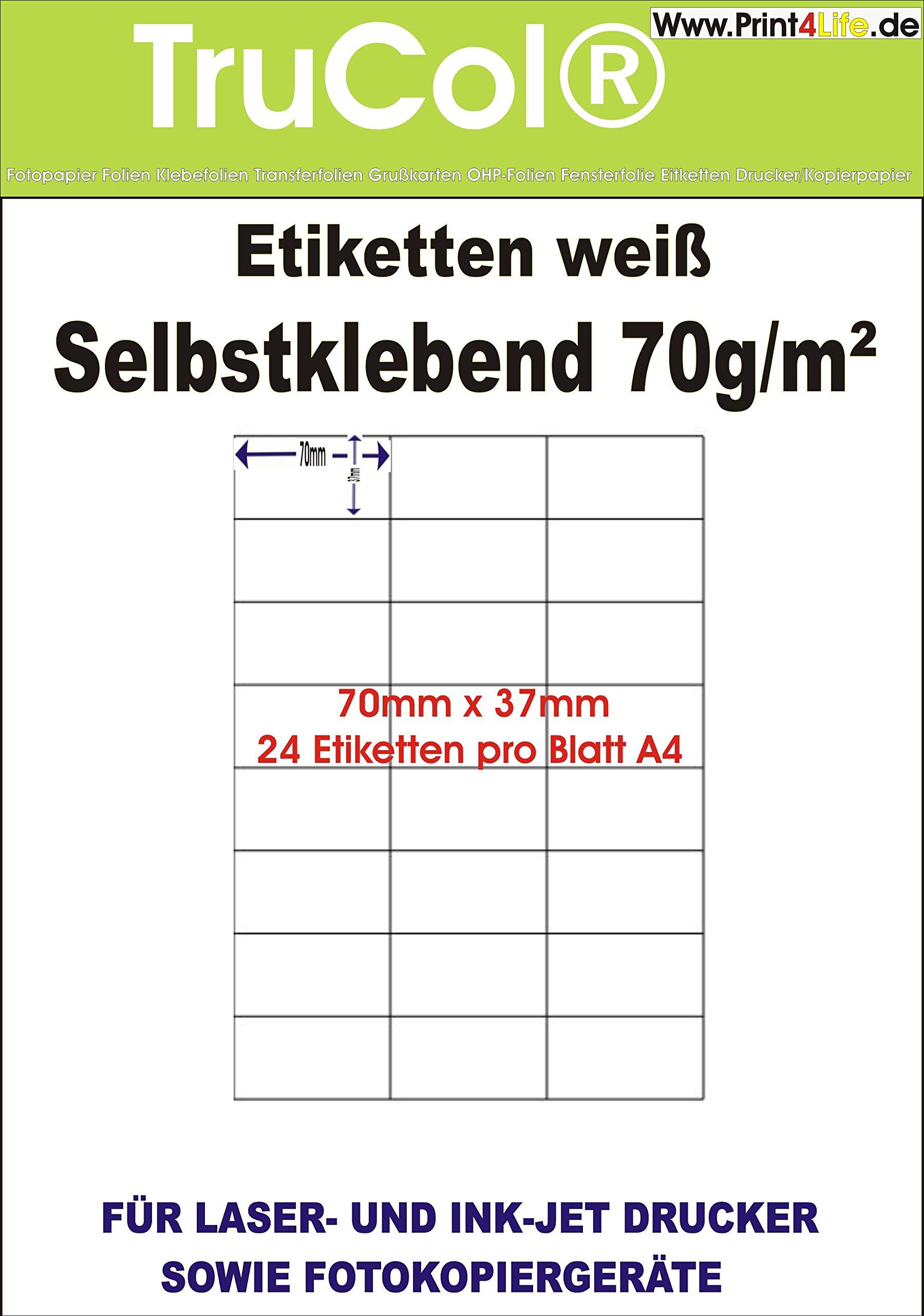 24 000 uniwersalnych etykiet, 70 x 37 mm, naklejki na segregator, etykiety adresowe, etykiety internetowe, białe, DIN A4, 1000 arkuszy A4, uniwersalne zastosowanie do drukarek laserowych/atramentowych/kopiarek