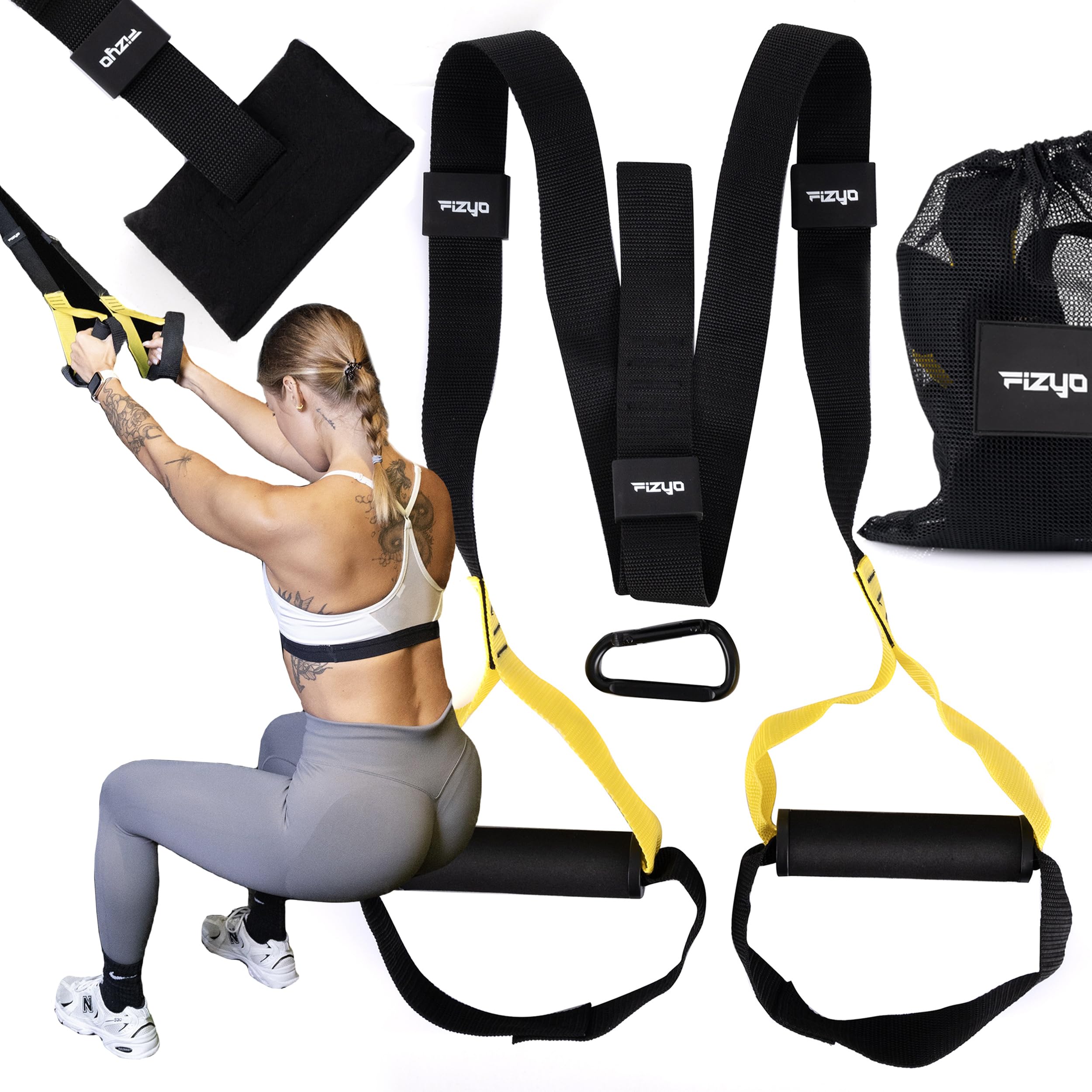 Fizyo TRX Cinghie elastiche per esercizi, allenamento di resistenza per tutto il corpo, set perfetto per donne e uomini, adatti per esercizi a casa e in viaggio, cinture di ancoraggio resistenti per