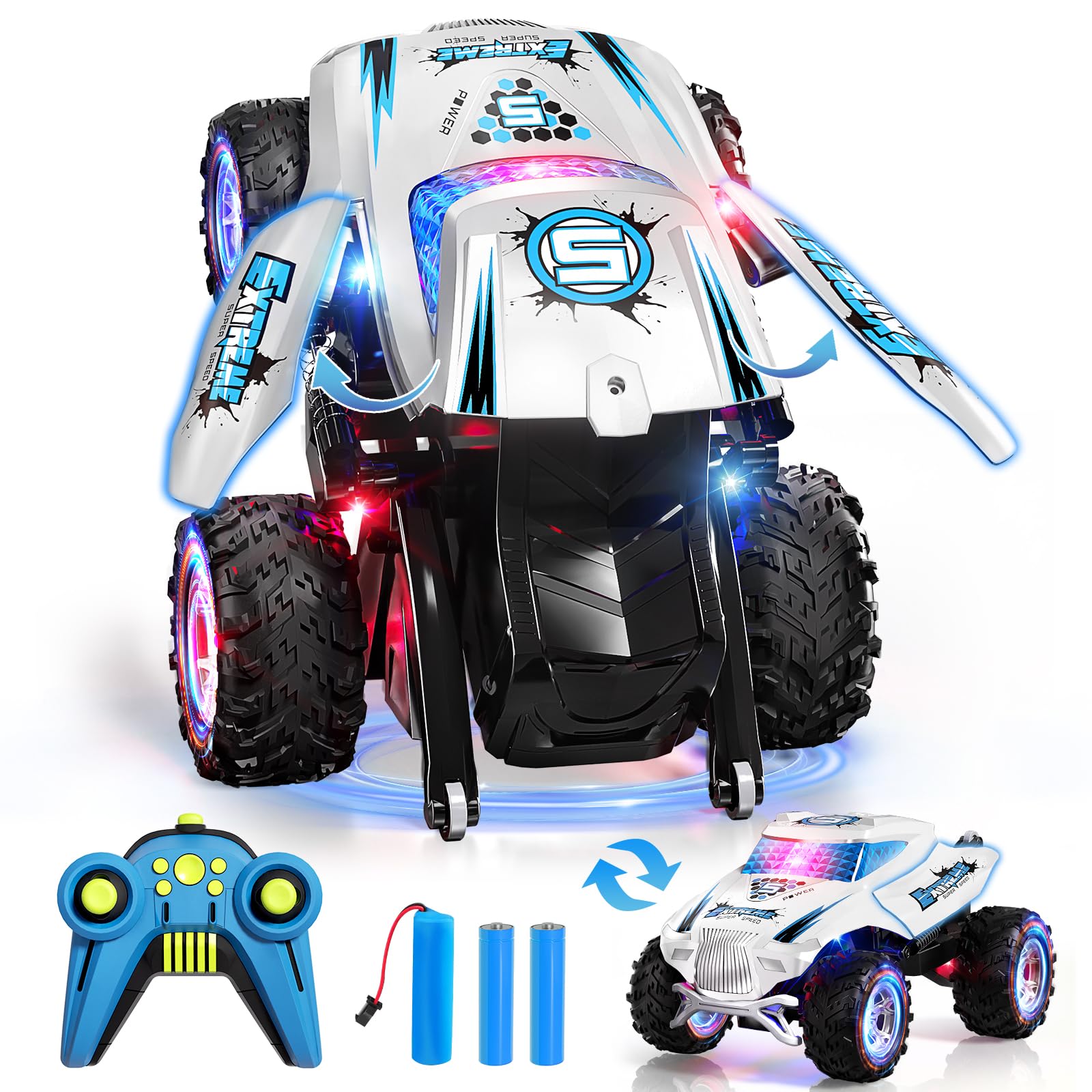 2.4GHZ 4WD Remote Control Car Toy for Kids,360°Rotation All-Terrain RC Stunt Car with Cool Lighting & Music,RC Controlled Cars Toys for Boys Birthday Gifts Age 6-8 8-13 Years Old.