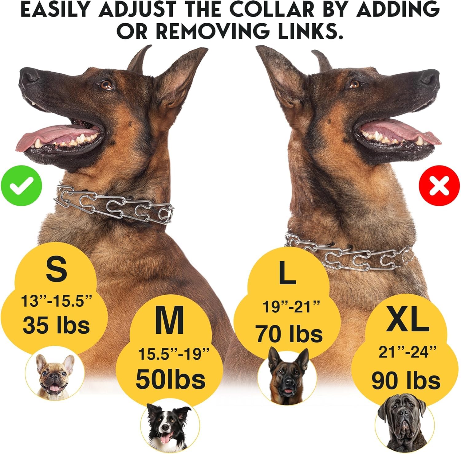 Collar Ajustable sin tirones con Hebilla para Perros pequeños, medianos y Grandes (empaquetado con eslabones adicionales)