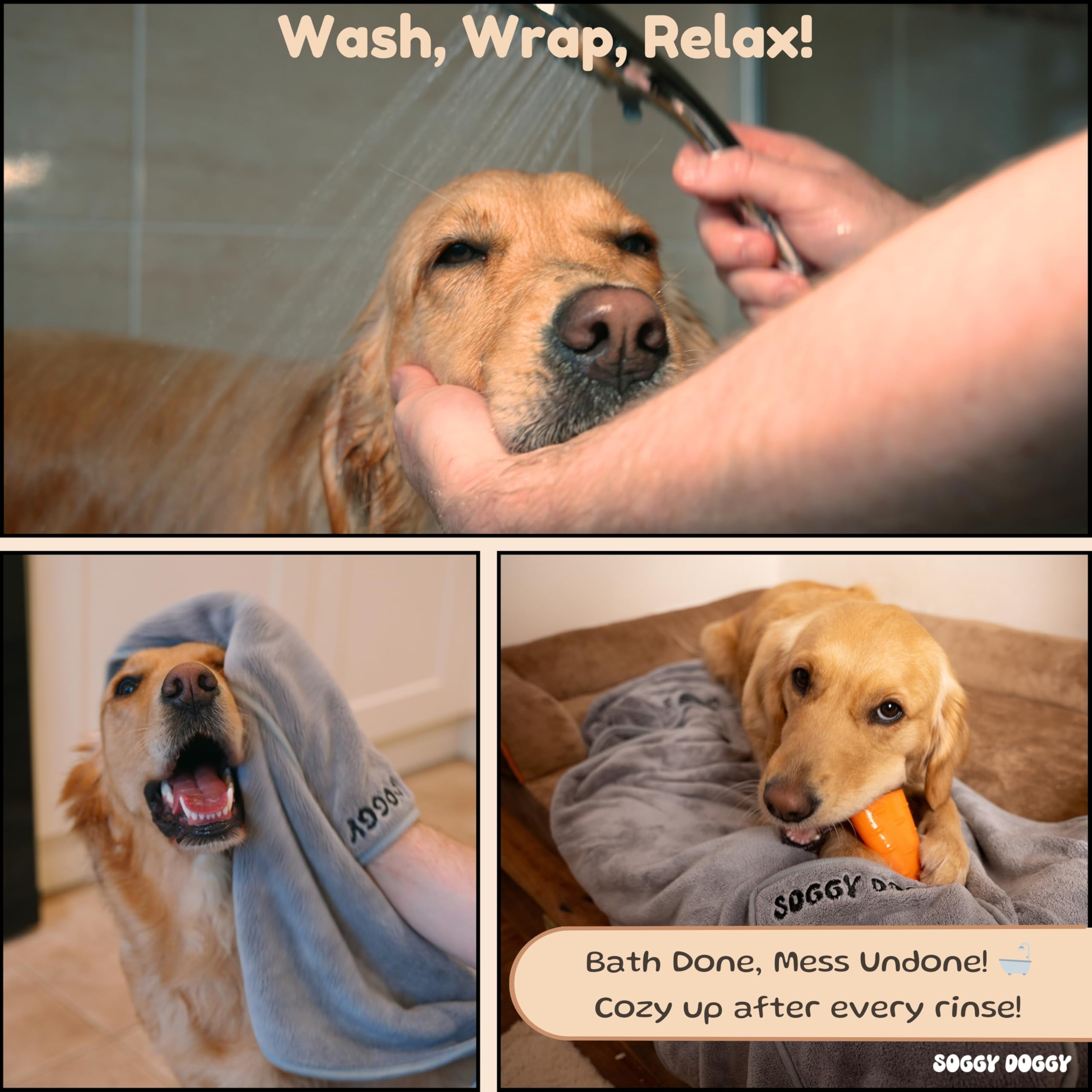 SOGGYDOGGY: Lot de 2 grandes serviettes de luxe super absorbantes pour chien - Séchage rapide en quelques minutes, plus épaisses que la plupart des autres - Pour le bain, le toilettage, les voyages