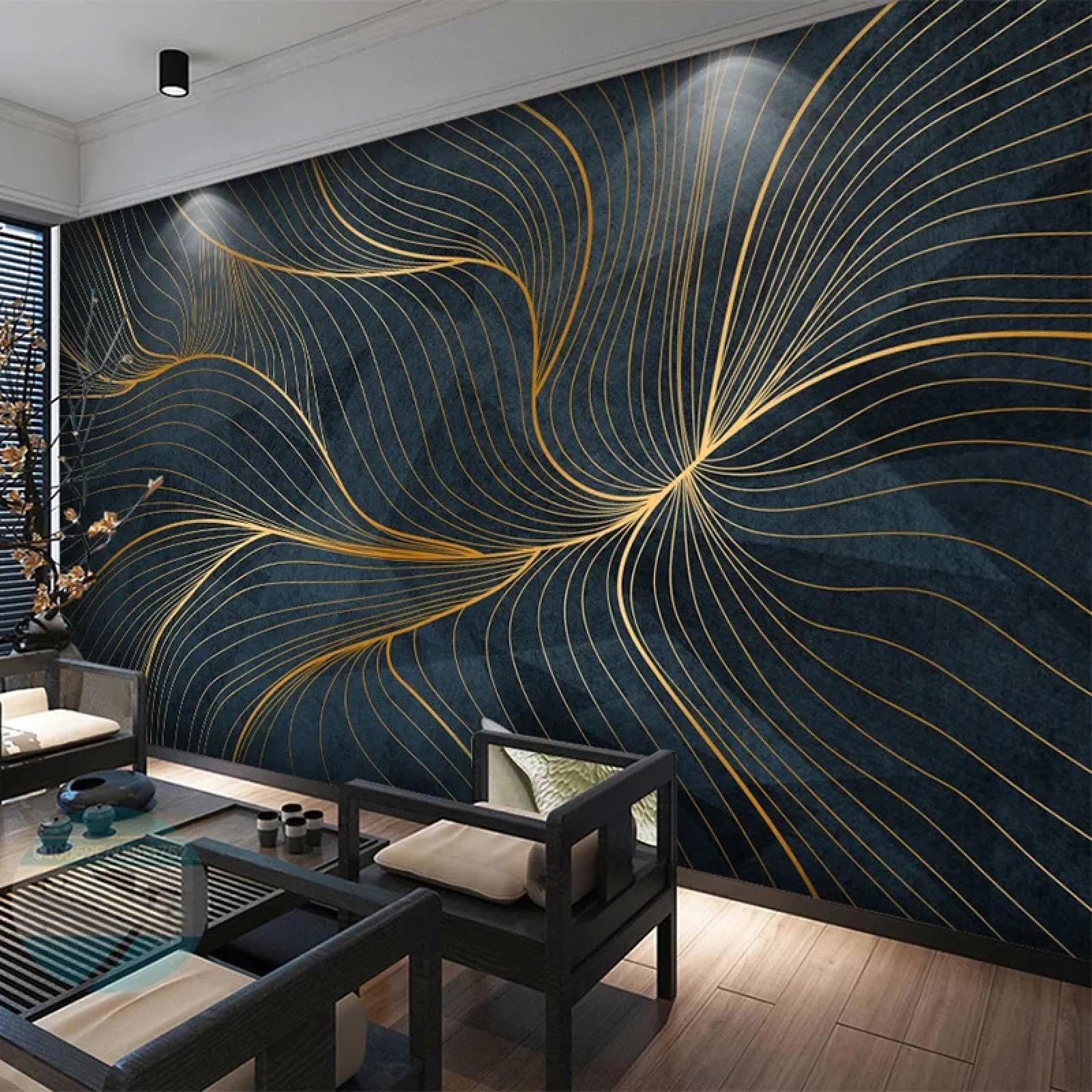 Fresque murale géométrique élégante avec relief 3D et lignes dorées