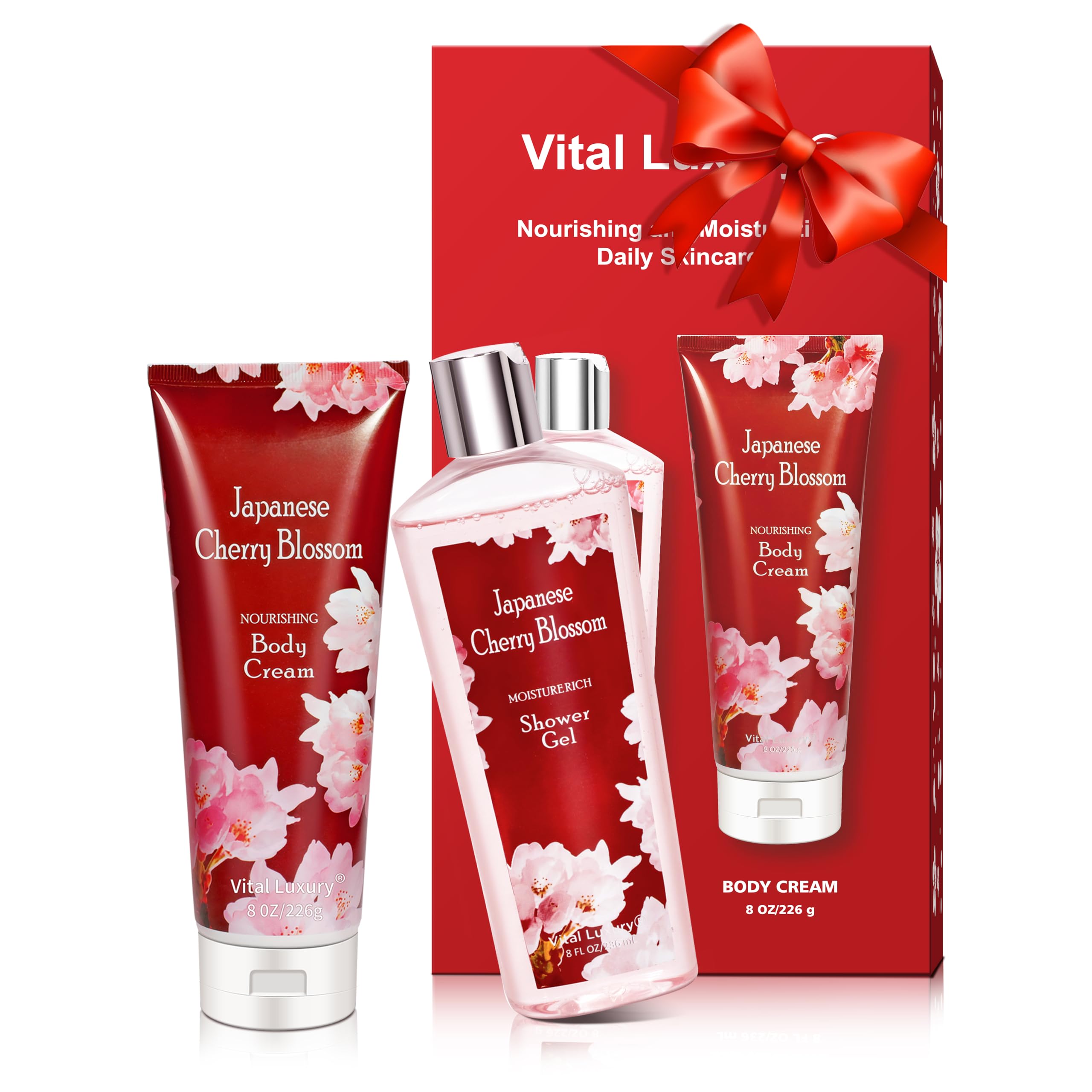 Vital Luxury Japanese Cherry Blossom Bath and Body Shower Gel and Body Cream Set - Nourishing and Moisturizing Daily Skincare - 8 fl.oz / 236mL Each (