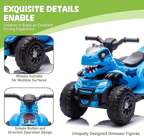 Miniatura 4 de Bluefun Dinosaurio eléctrico ATV de 4 ruedas para niños, automóvil eléctrico ATV de 12 V con música, Bluetooth y luces LED, regalo de cumpleaños