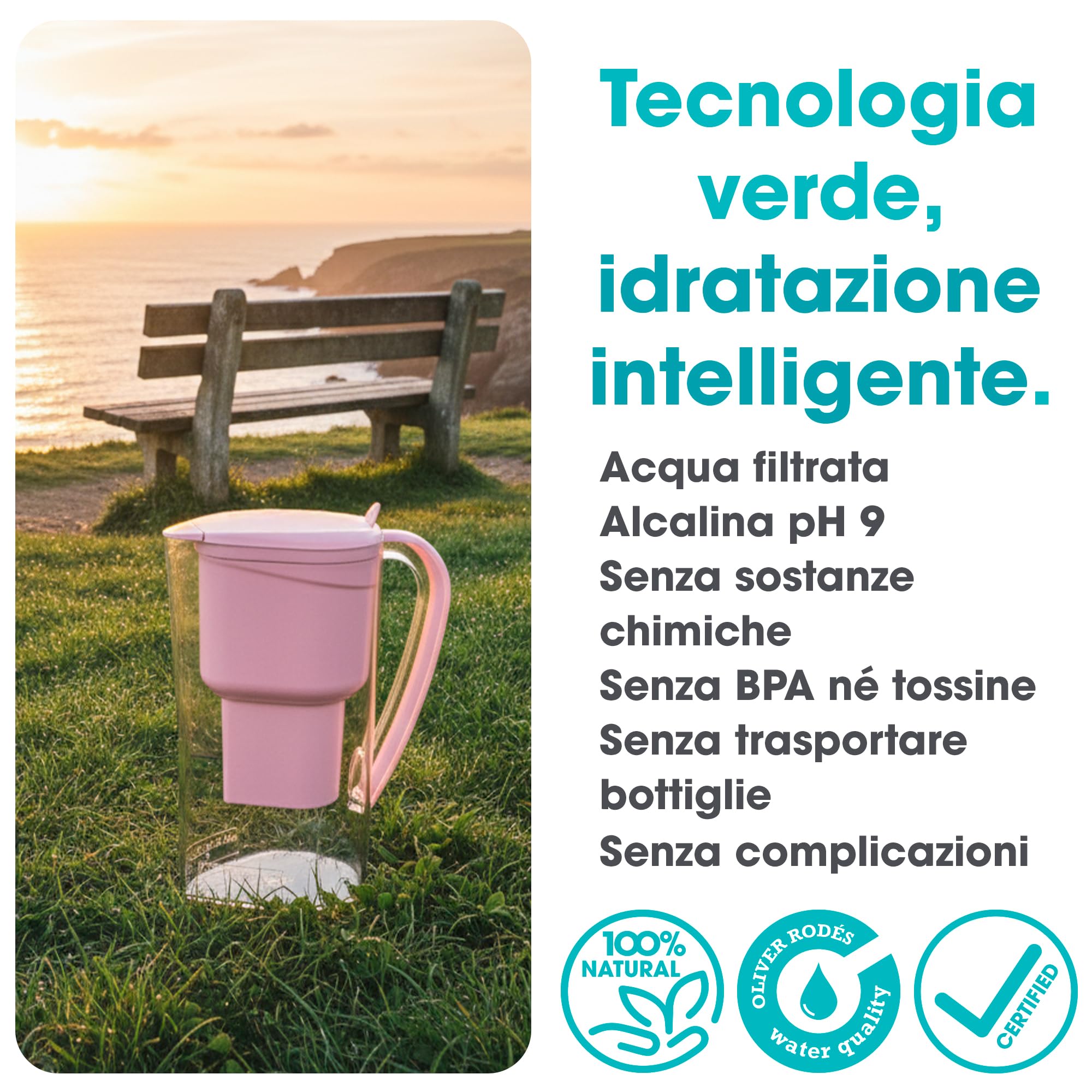 ALKANATUR Caraffa filtrante acqua Alkanatur Drops Rosa | Idrogena + ionizza + apporta magnesio | Elimina cloro + metalli + batteri | Normativa UNE 149101:2015 | Capacità 1.4L senza sostanze tossiche