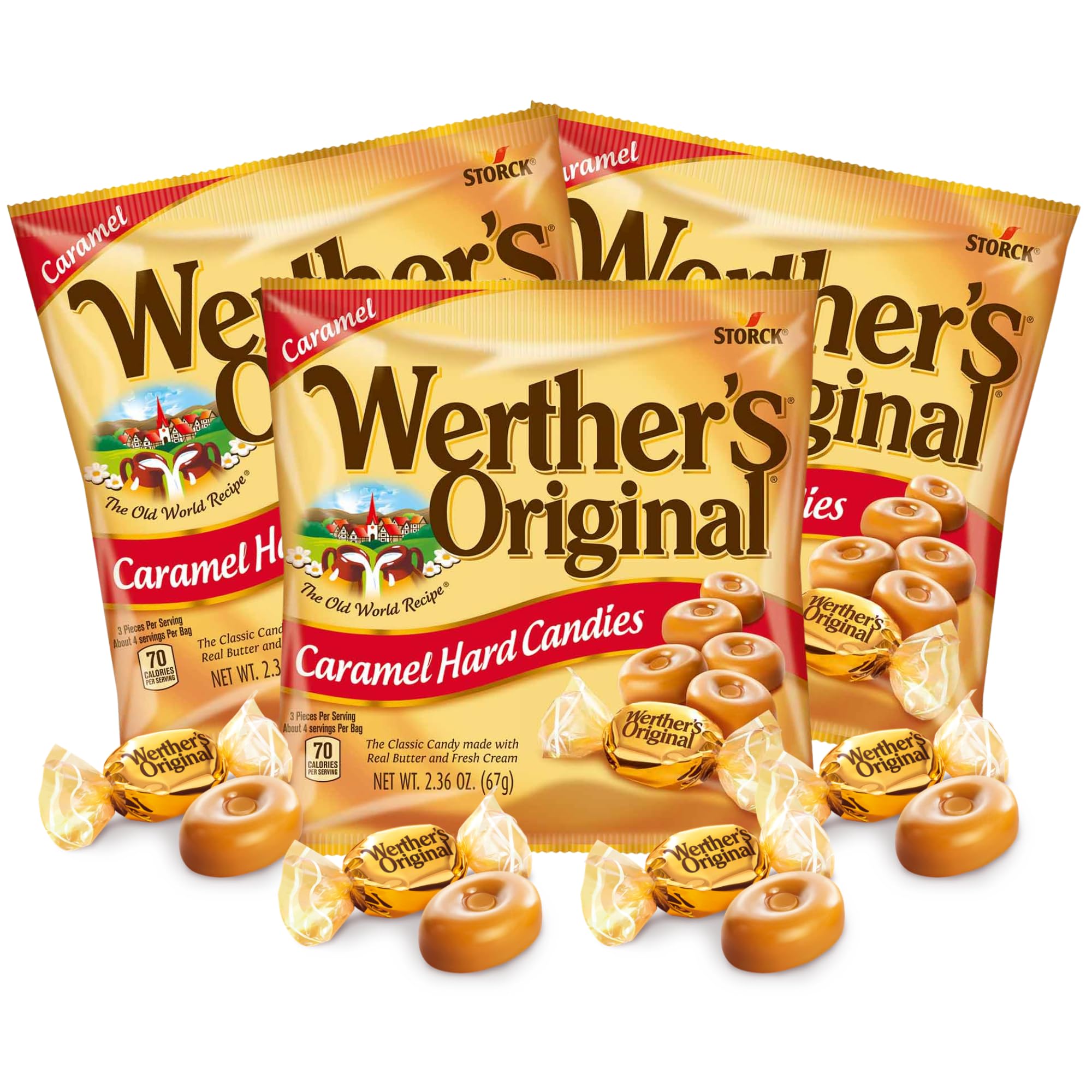 Sweetzo - Werther's Original Caramel Hard Candy, Individually Wrapped Shareable Bite Sized Candies, Office Jar Fillers, 2.36 Ounces (Pack of 3)