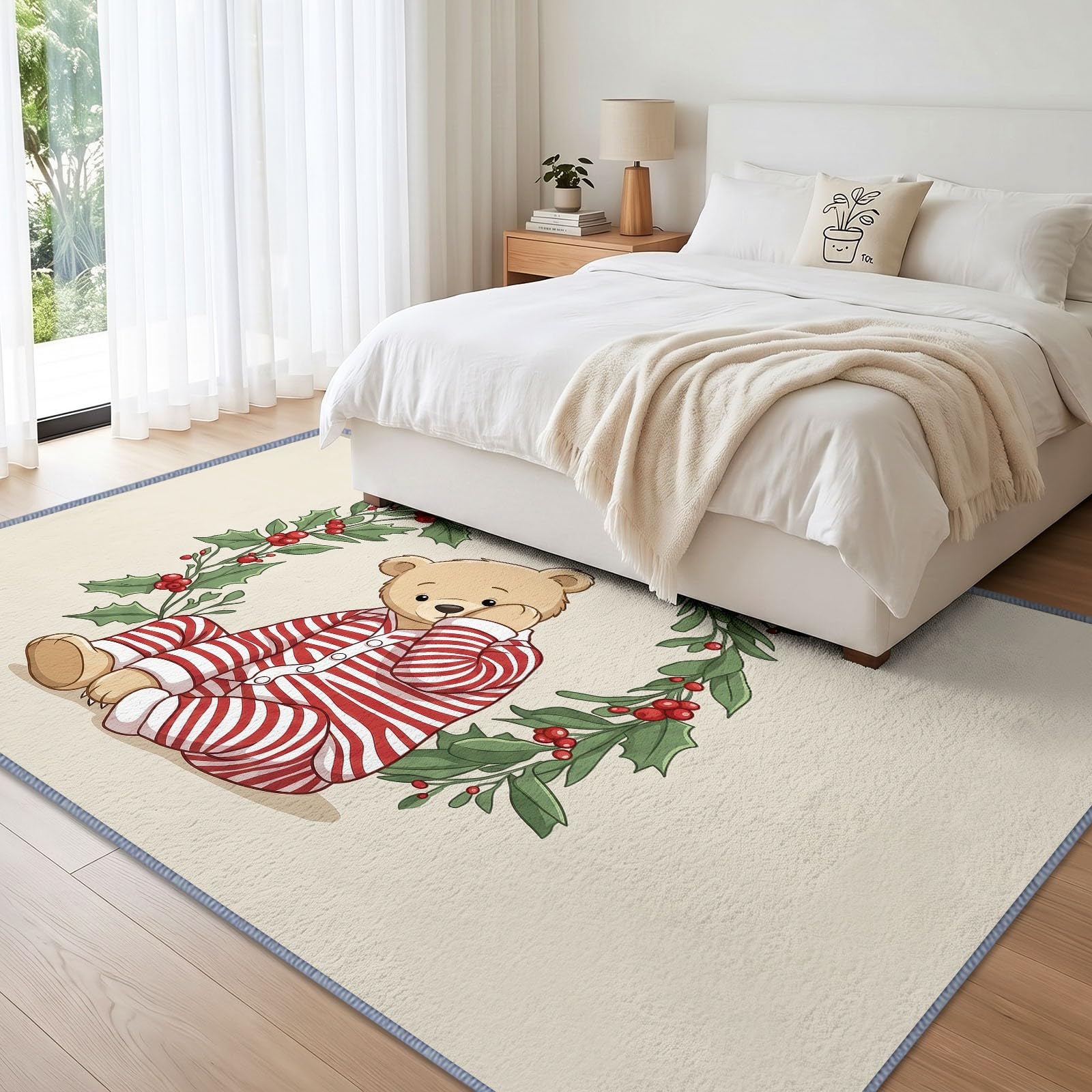 Cartoon Waschbarer Teppich 80 x 150 cm, Wohnzimmer Weihnachten Tier Teddybär rutschfest Weich Teppich für Schlafzimmer, Esszimmer, Büro