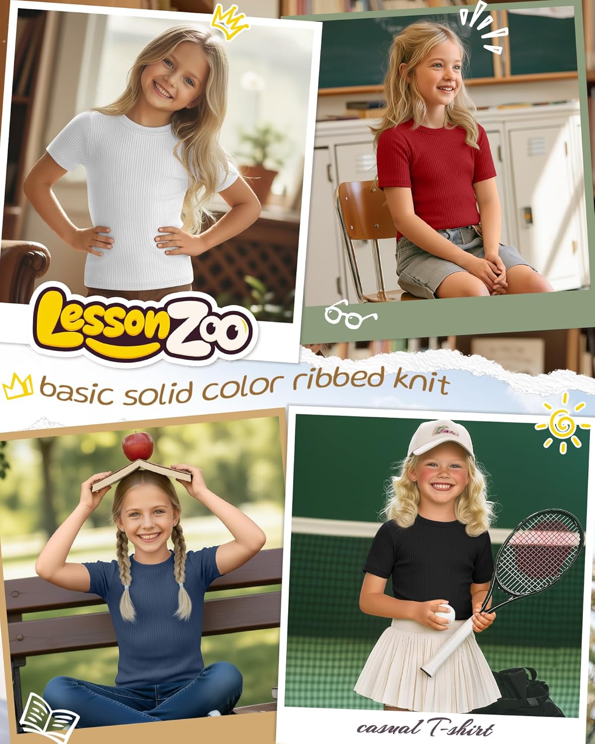 4 Pcs Girls Shirts Short Sleeve Ribbed Knit Tops Crew Neck Slim Basic Tees Solid Casual Cute T Shirts Size 5-14