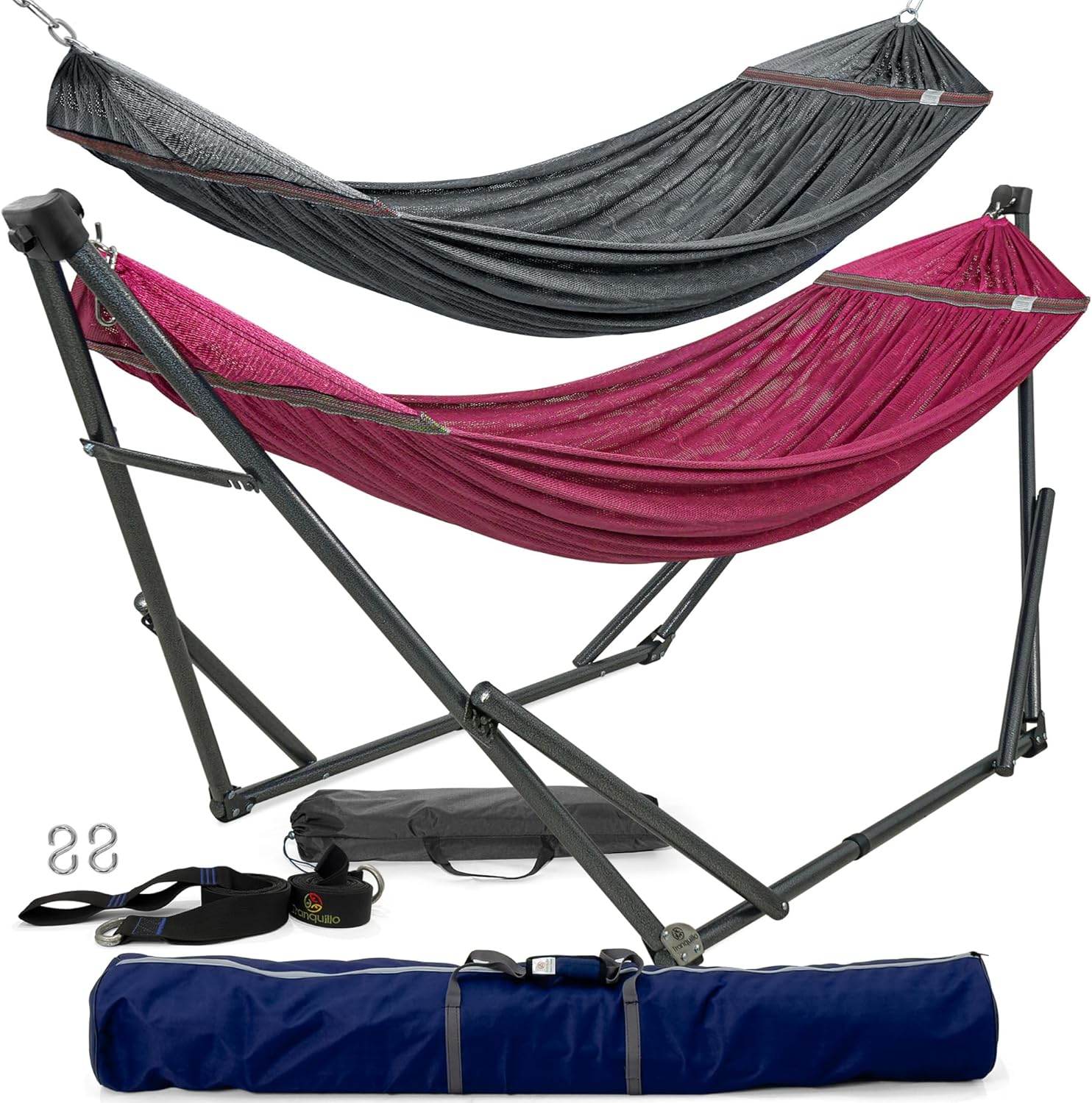 Tranquillo Combo x2 Hammocks with Stand for Outside & Tree Straps, Heavy Duty Hammock with Stand 600lbs for Indoor Outdoor Patio Backyard, x2 Hammocks for 2 Person, Portable Carrying Bags, Red