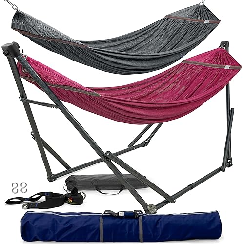 Combo Tranquillo Hammocks, 600lb Capacity Double Hammock, Foldable Hammock with Stand for Outside with Extra Portable Hammock, Tree Straps, Carry Bags Set for Indoor, Garden, Camping, Travel, Red