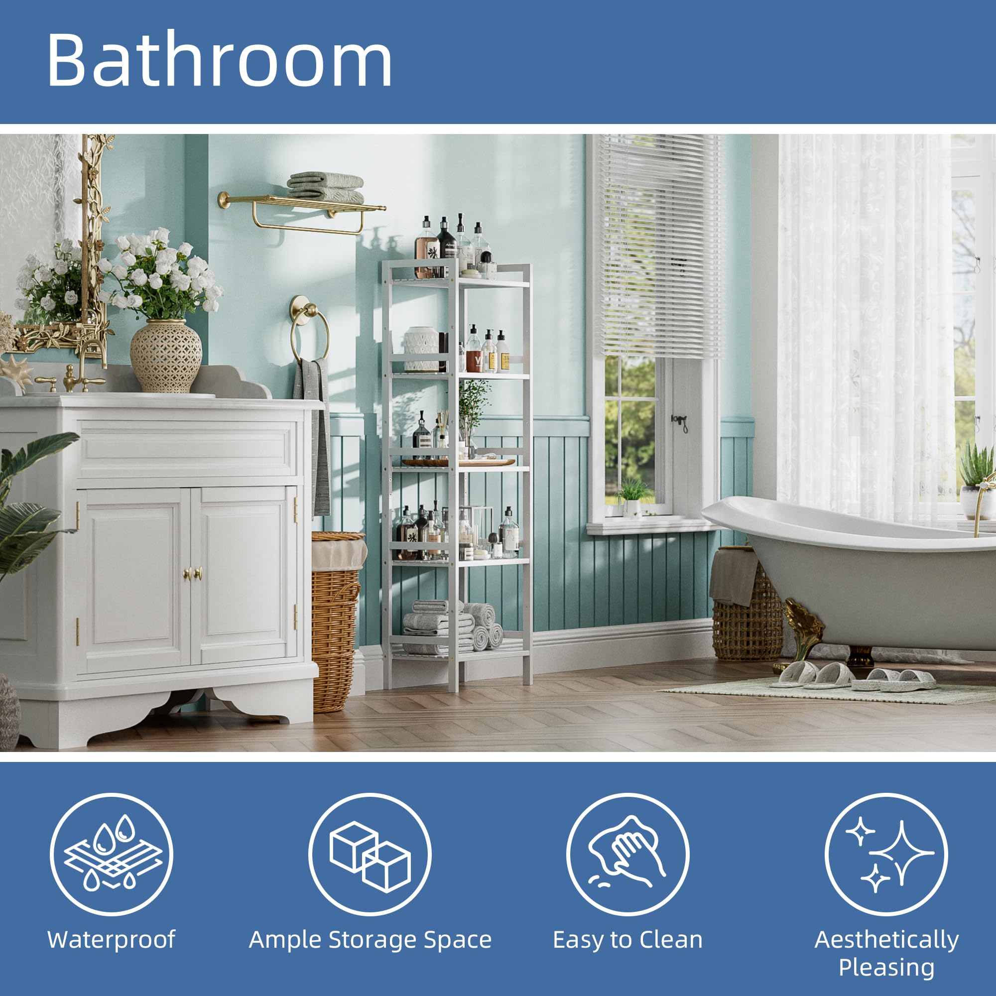 HITNET Etagere 5 Niveaux, Bibliotheque Salle de Bain Rangement Bambou avec Étagères Réglables, Support de Plantes Gain de Place, pour Salon, Balcon, Cuisine, Blanc