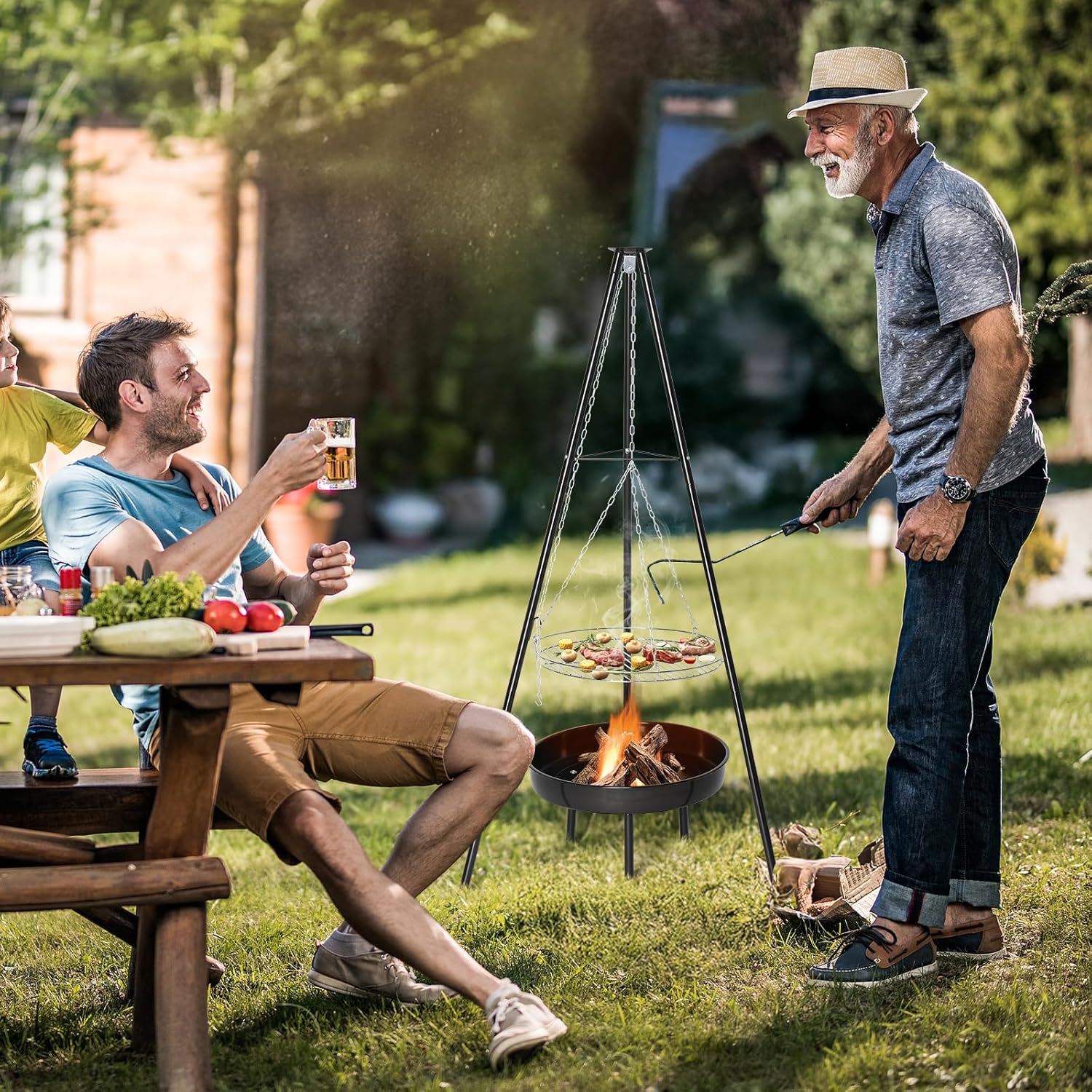 Outvita Campfire Tripod Grill, Adjustable Height BBQ Grill Grate with Fire Bowl for Outdoor Camping BBQ, Black