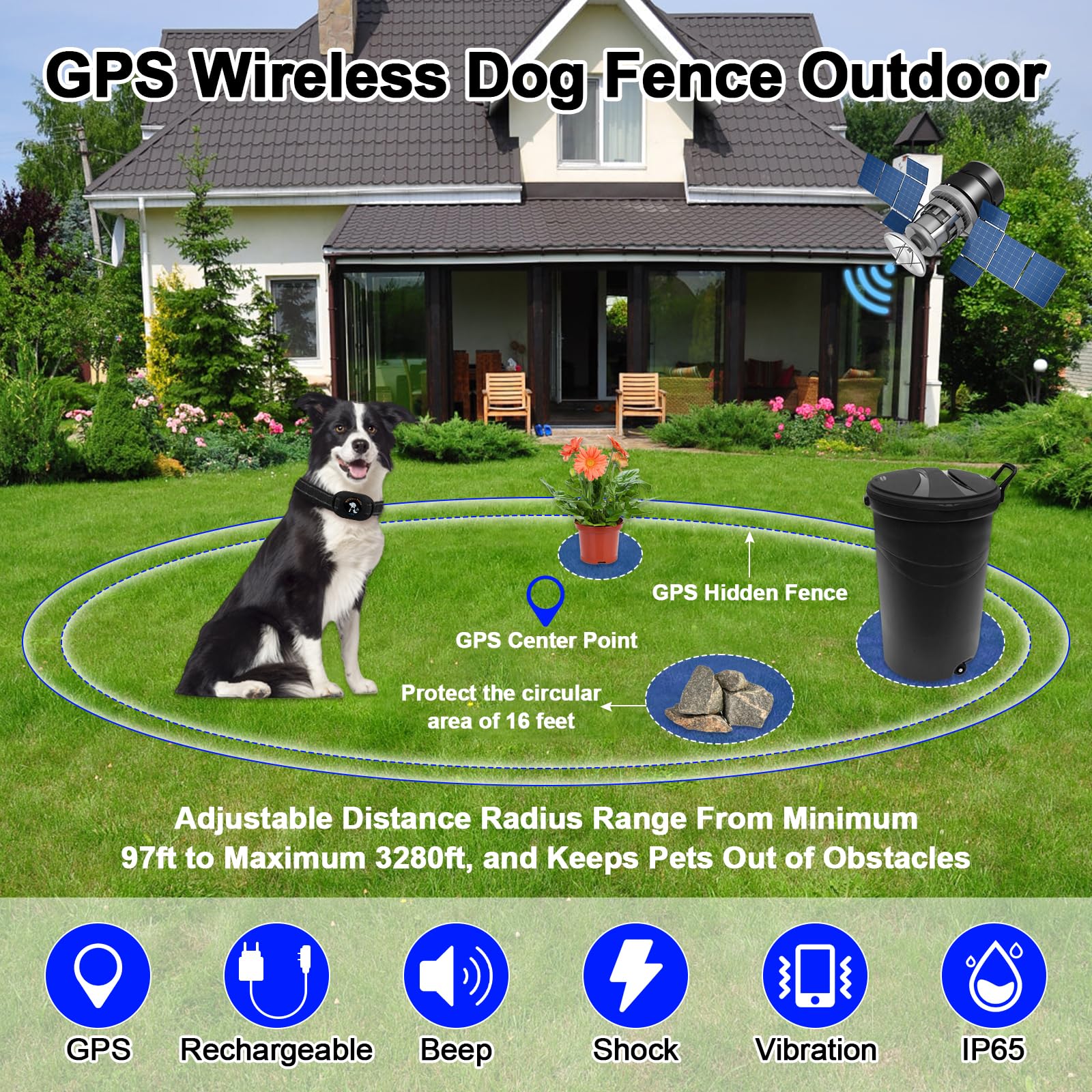 GPS Wireless Dog Fence and Outdoor Pet Barrier 2 in 1, Range 97-3280ft Electric Dog Fence for All Dogs, Keeps Pets Out of Obstacles, Adjustable Warning Strength (Black)