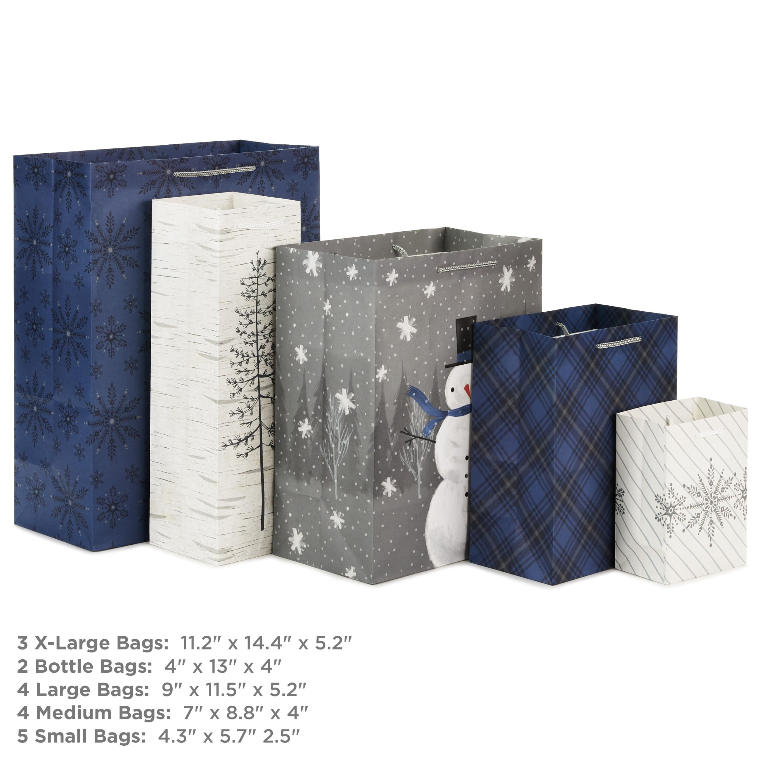 Hallmark Geschenktüten für Weihnachten, verschiedene Größen, 18 Stück, 5 kleine 12,7 cm, 4 mittelgroße 20,3 cm, 4 große 27,9 cm, 3 XL 35,6 cm, 2 Flaschentüten | Schneeflocke, Baum, Schneemann, kariert