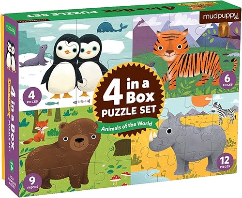 Mudpuppy Animals of the World - Rompecabezas de 4 en una caja de 2 a 5 años 4 piezas 6 piezas 9 piezas y 12 piezas el nivel de dificultad crece con Mudpuppy Animals of the World - Rompecabezas de 4 en una caja de 2 a 5 años 4 piezas 6 piezas 9 piezas y 12 piezas el nivel de dificultad crece con