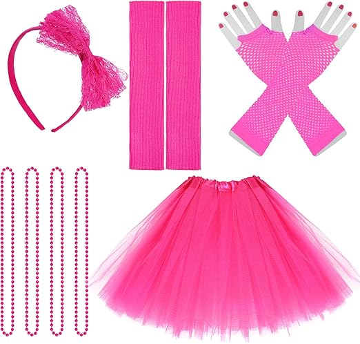 jiebor 80s Costume Accessories Outfits for Women Tutu Skirt Headband Leg Warmers Fishnet Gloves Necklace Halloween Party