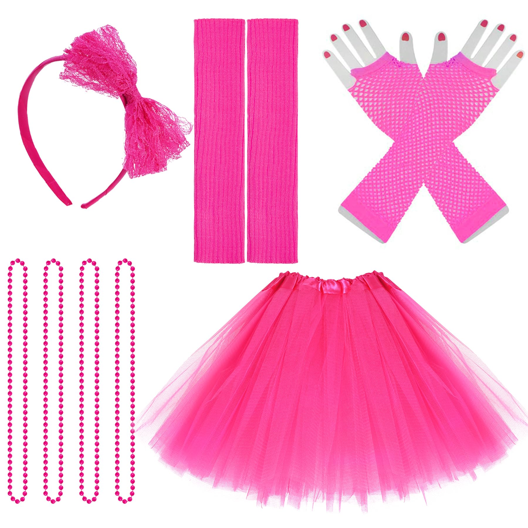 jiebor 80s Costume Accessories Outfits for Women Tutu Skirt Headband Leg Warmers Fishnet Gloves Necklace Halloween Party