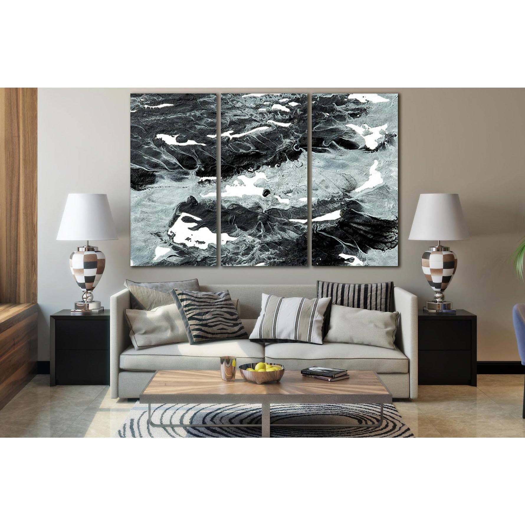 Pintura al óleo oscura ZELLART para decorar un salón moderno con el tríptico de 150x100 cm 3