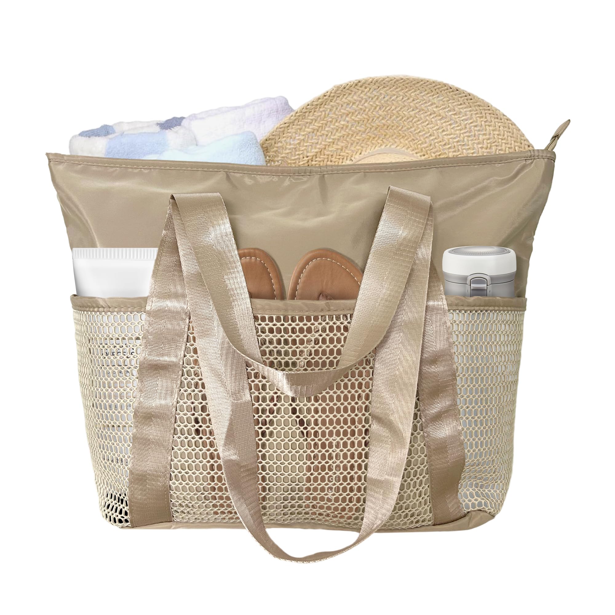 Mabecol Große Strandtasche Damen, Badetasche mit Reißverschluss, Leichte Strandtasche mit Netz für Familie, Ideal für Strand, Schwimmbad, Reisen, Große Beach Bag für Damen (Beige)