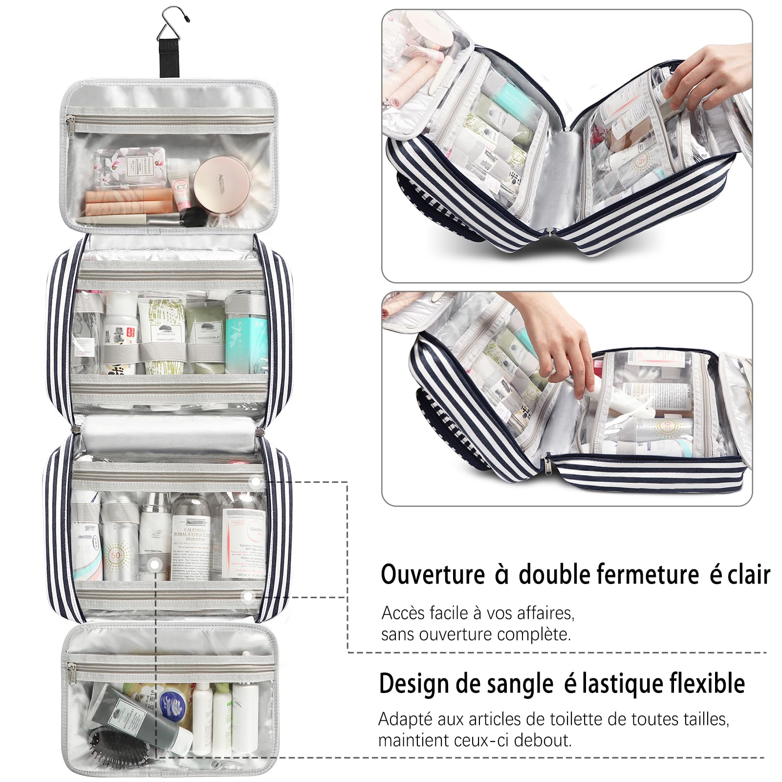 Neceser de aseo para mujer, gran capacidad de viaje impermeable y colgante, estuche de maquillaje para mujer y hombre, estuche de maquillaje de viaje, Z-azul, Grande, Minimalista