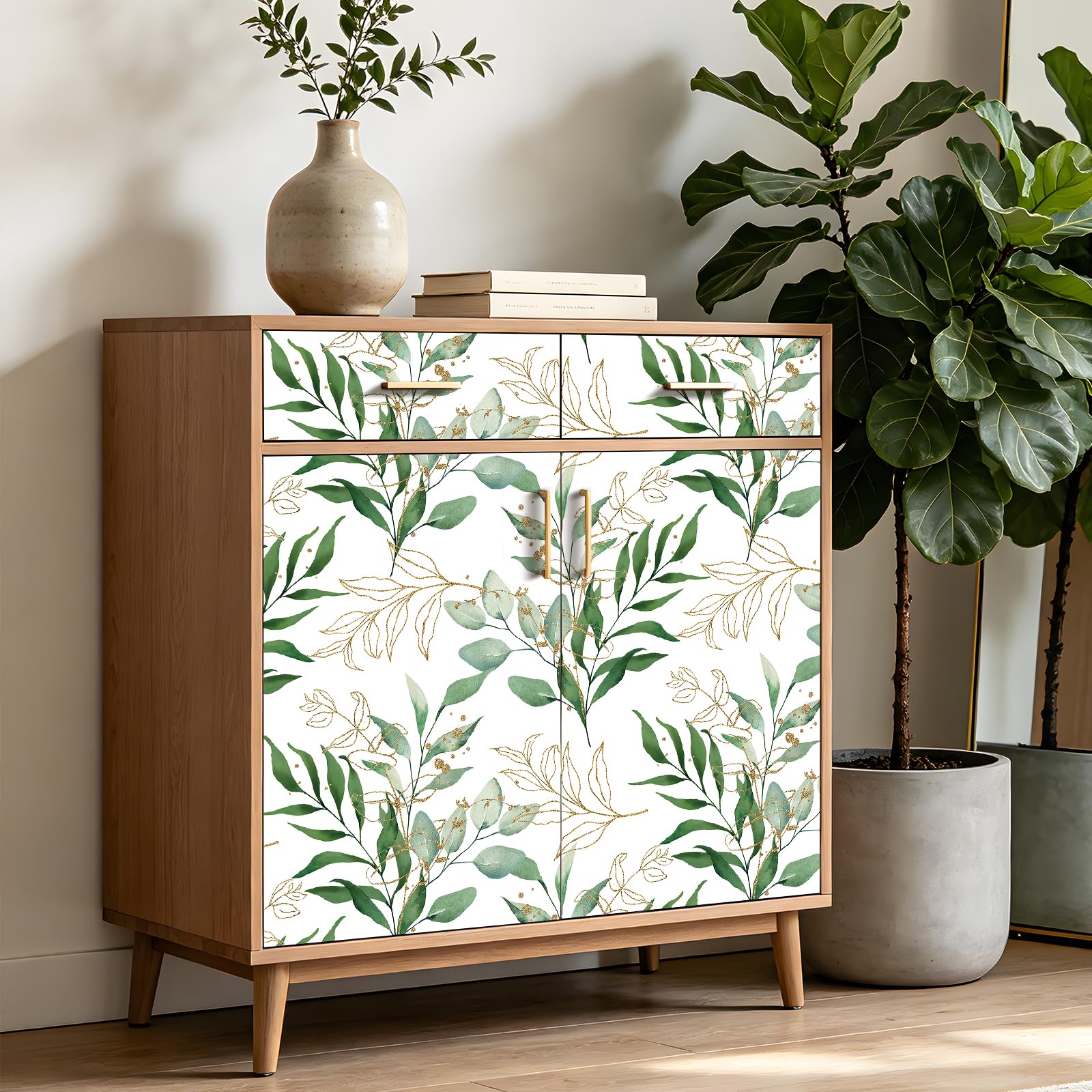 ReWallpaper 44.5CMx7M Carta Da Parati Foglie Verdi Rivestimento Mobili Adesivo Armadio Porta Decorativo Foglie Rustica Carta Adesiva per Pareti Bagno Camera Da Letto Sala Pranzo Bianca
