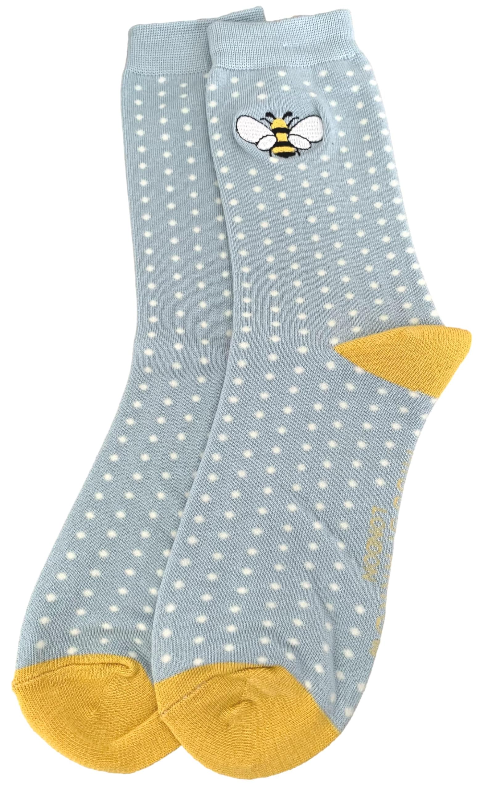 Purple Possum® Bee Socks Ladies Embroidered Bumble Bees Pale Blue Yellow Polka Dot Spotty Bamboo Cotton Womens Size 3-7