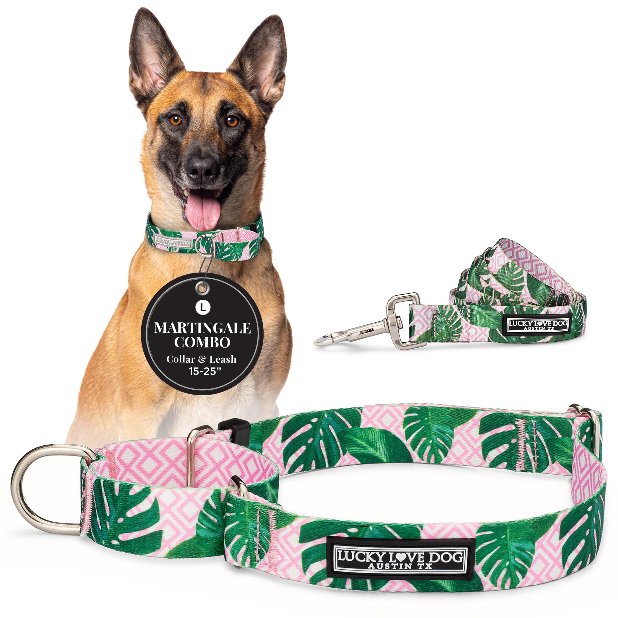 Lucky Love Dog Martingale Dog Collar & Leash - Adjustable, No-Slip, Durable, Comfortable, Soft Webbing, & Stylish Patterned Collar & Leash Set for