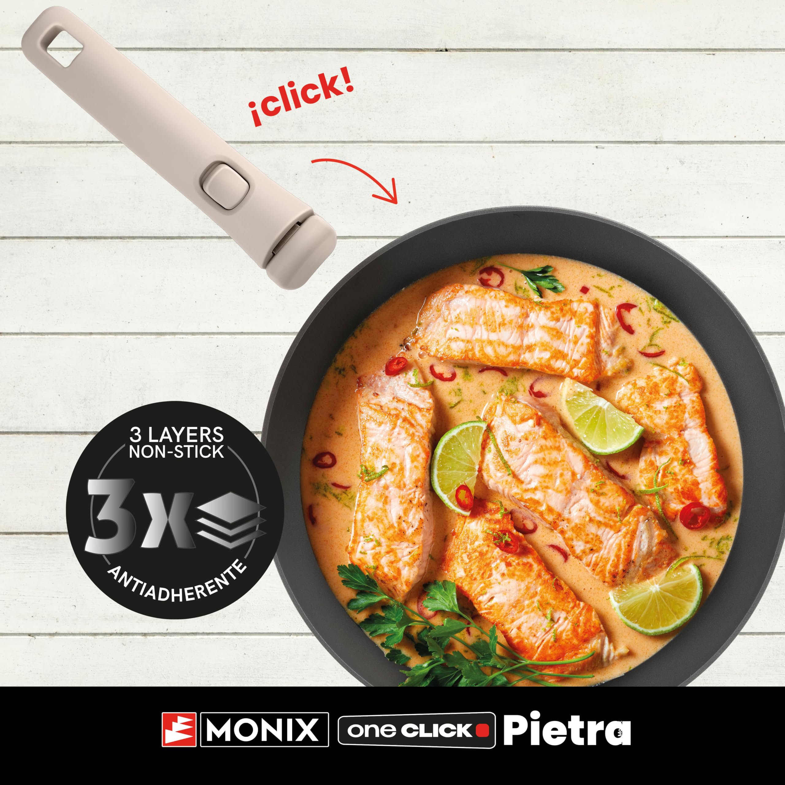 MONIX One Click Pietra | Batería 8 piezas, Aluminio Forjado con Antiadherente, libre de PFOA, Mango Desmontable, Apta para todo tipo de Cocinas, Incluida Inducción, Apilable para ahorro de Espacio