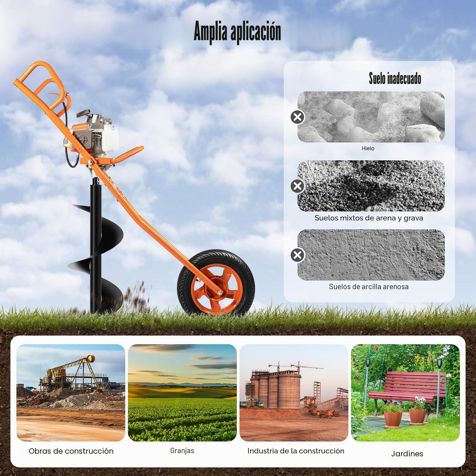 Broca de tierra de gasolina de 2 tiempos, 63 CC, 2,2 kW, con ruedas, taladro de gasolina, taladro de tierra de 300 mm de diámetro, para carretilla, color naranja