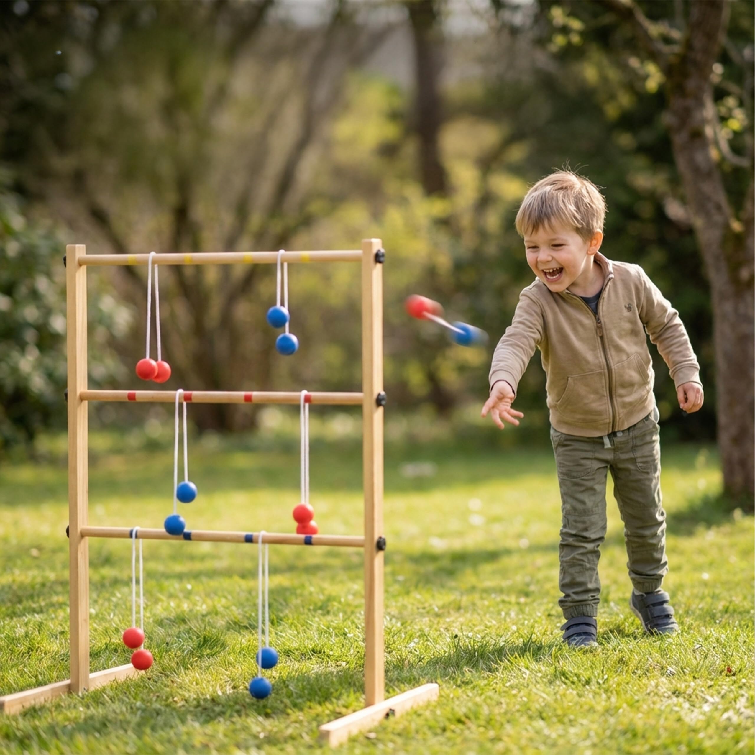 Relaxdays Ladder Golf, Jeu de Lancer extérieur pour Enfants, Bois Naturel, 89×64×45 cm, 6 balles