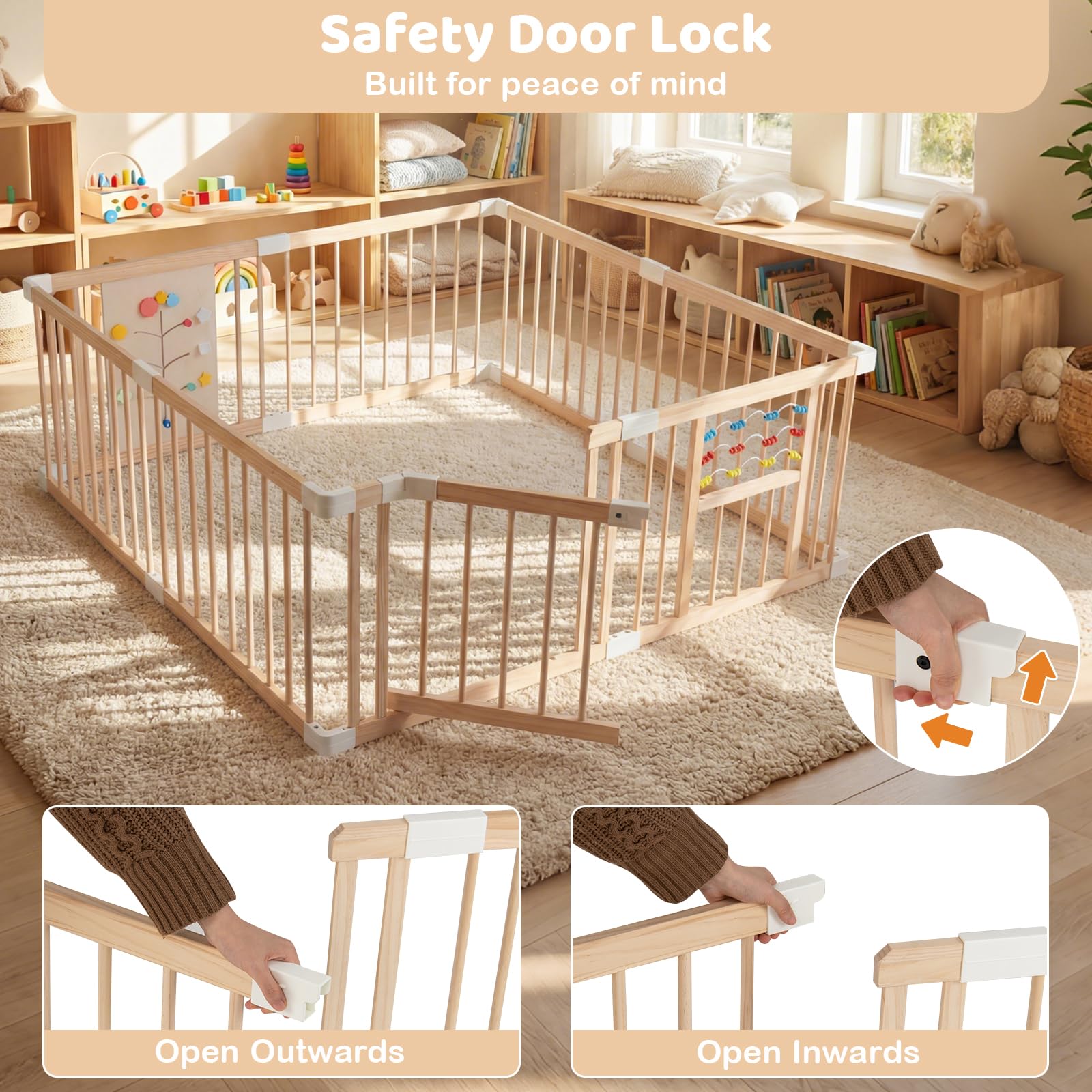 FANTASK Box per bambini in legno di pino, box pieghevole con 8 pannelli, porta, chiusura di sicurezza e tavola Montessori, griglia per gattonare espandibile per neonati e bambini, 160 x 160 cm