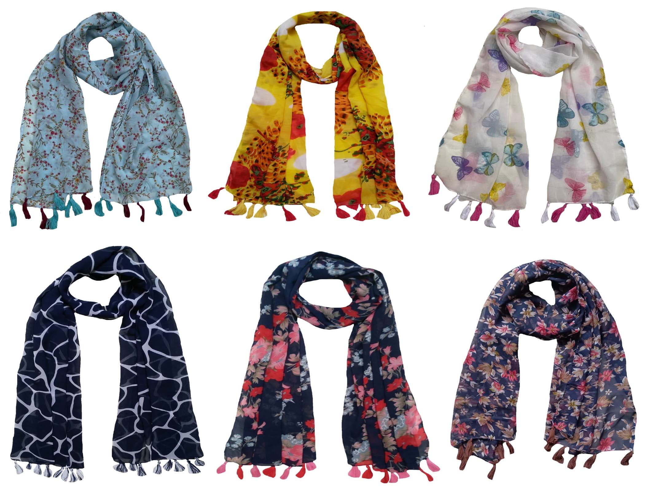 Letz Dezine ™ Women's Printed Chiffon Multicolored Scarf and Stoles - Set of 6 (LDS10675)