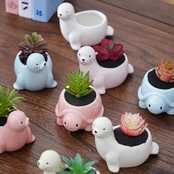Turtle Shaped Ceramic Succulent Planter with Drainage Holes, Hand - Painted Animal Pot for Indoor Cactus & Succulents, Unique Home Decor & Gift (4.3 Blue)