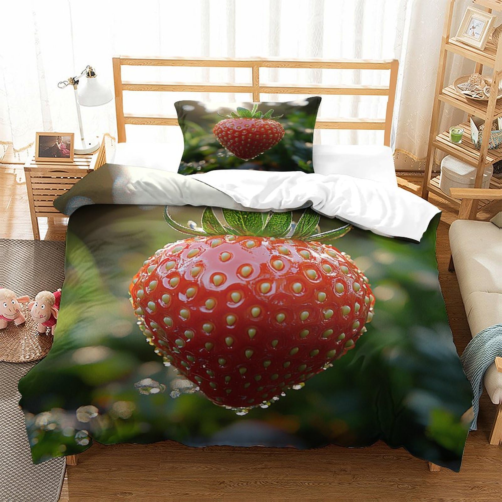 P1s9u7w5y Strawberry-3 Realistic Strawberry 3D Printed Duvet Cover Set 3Pcs Nature Microfiber Strawberry Bedding Set Single（135X200cm）