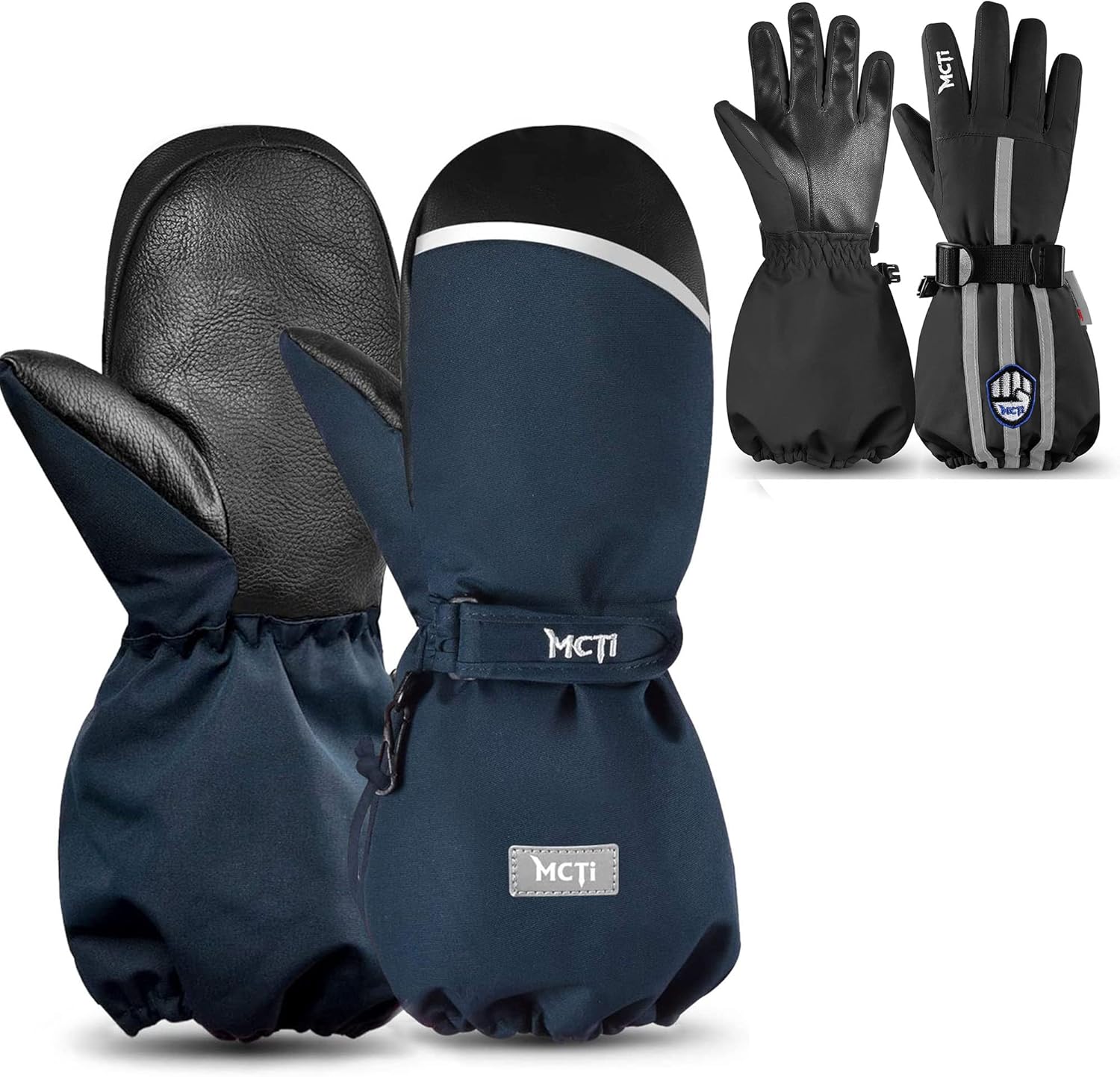 MCTi Kids Mittens with String KDS-19 One Pair(Blue, XXX-Small)+Ski Gloves for Kids DX-03K One Pair(Black, XXX-Small)
