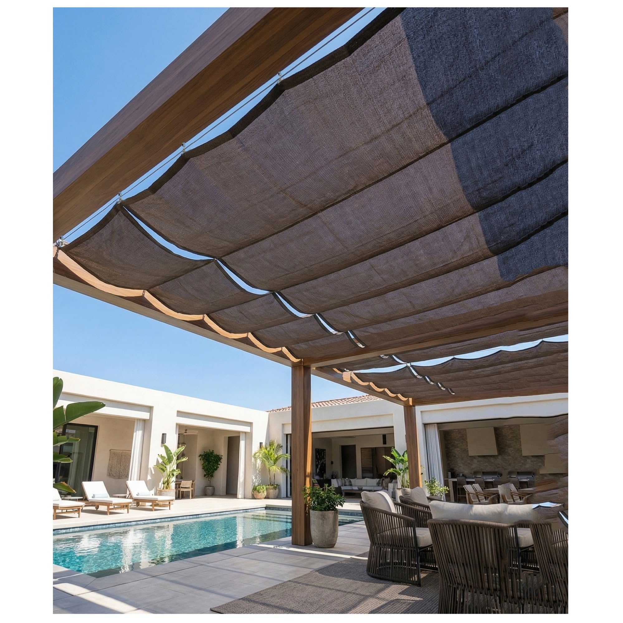 Voile d'ombrage rétractable anti-UV couverture solaire en vague pour pergola de jardin