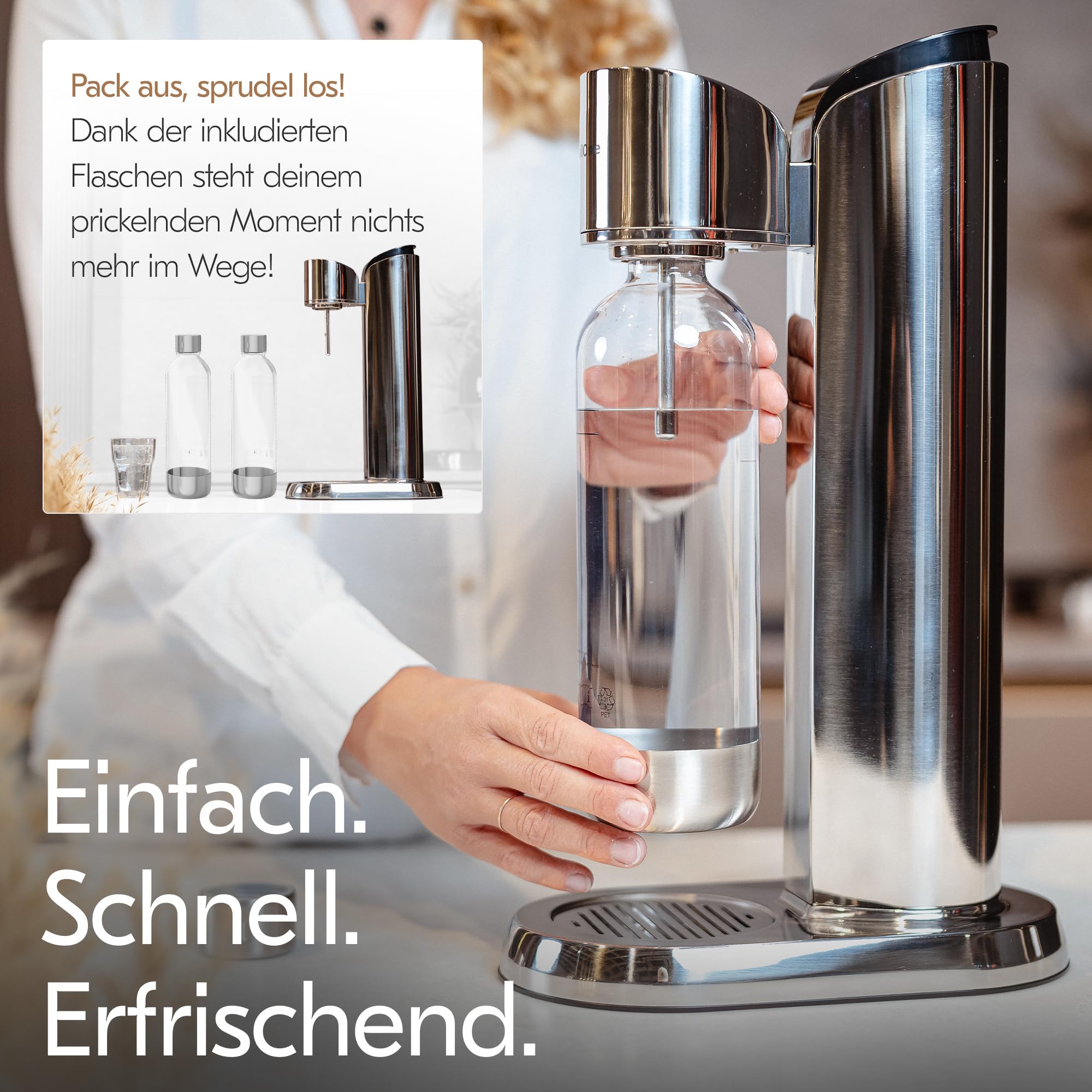 Wassersprudler Edelstahl [inkl 2 PET Flaschen ] – soda stream kohlensäure Maker–Sprudelwasser Maschine – Wasser Sprudler für Sodastream CO2 Zylinder für my soda streaming und streamautomat