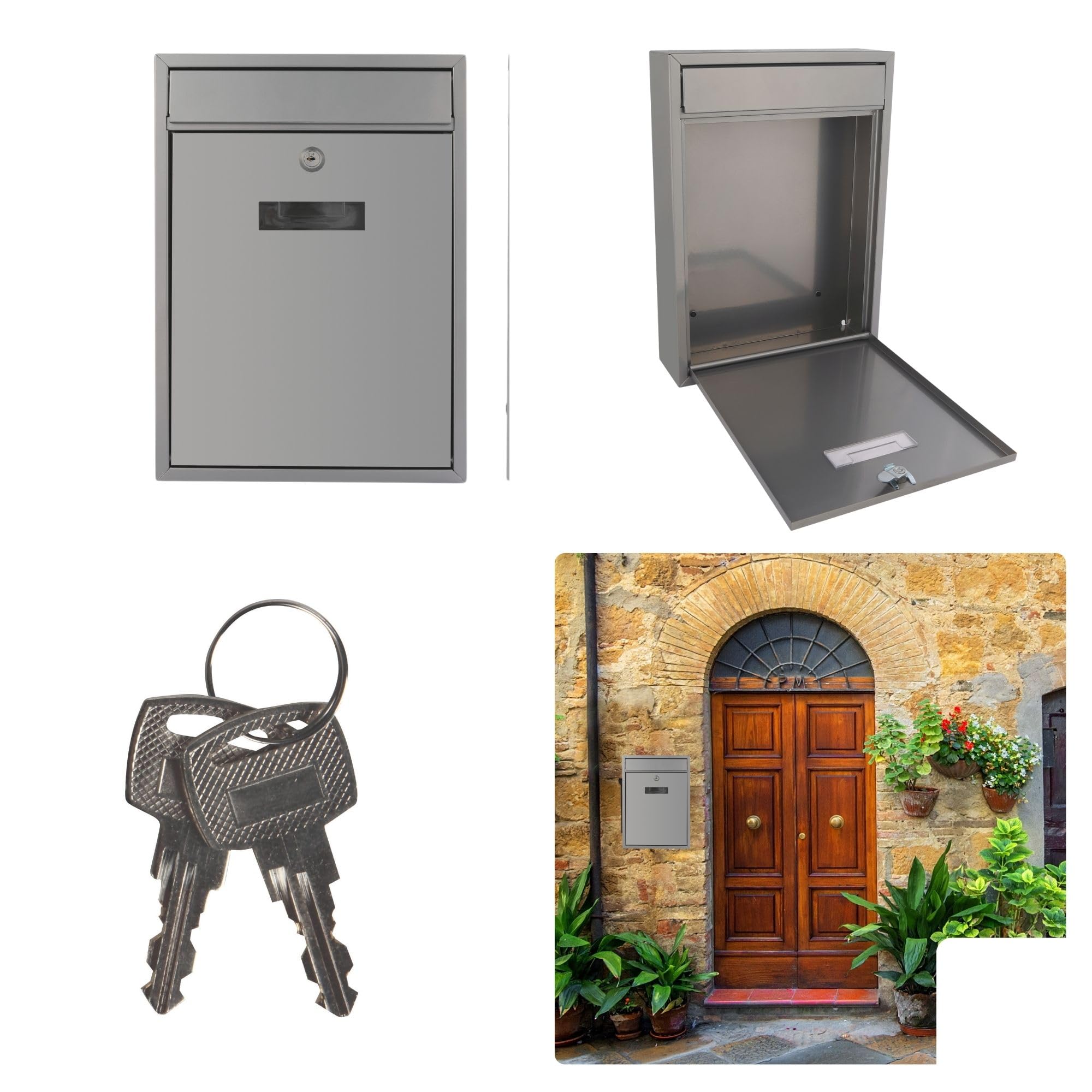 Perel Boite aux Lettres Murale Ibiza pour Exterieur Gris Argente avec Plaque et Serrure, modele Compact en Metal