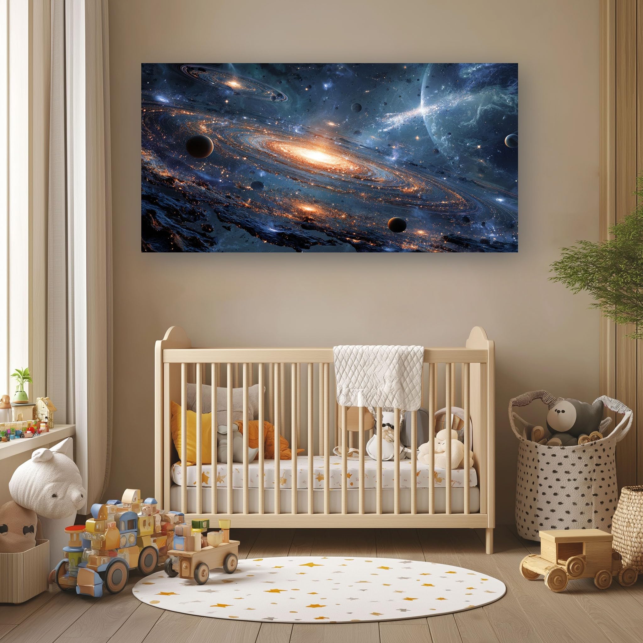 Generico Quadro su Tela Universo Fantasy Decorazioni Parete Senza Cornice | Soggiorno Stelle Di Fantascienza Quadri per Cucina e Salotto, Arte da Parete XXL Blu E Oro Quadro Moderno 80x160 cm