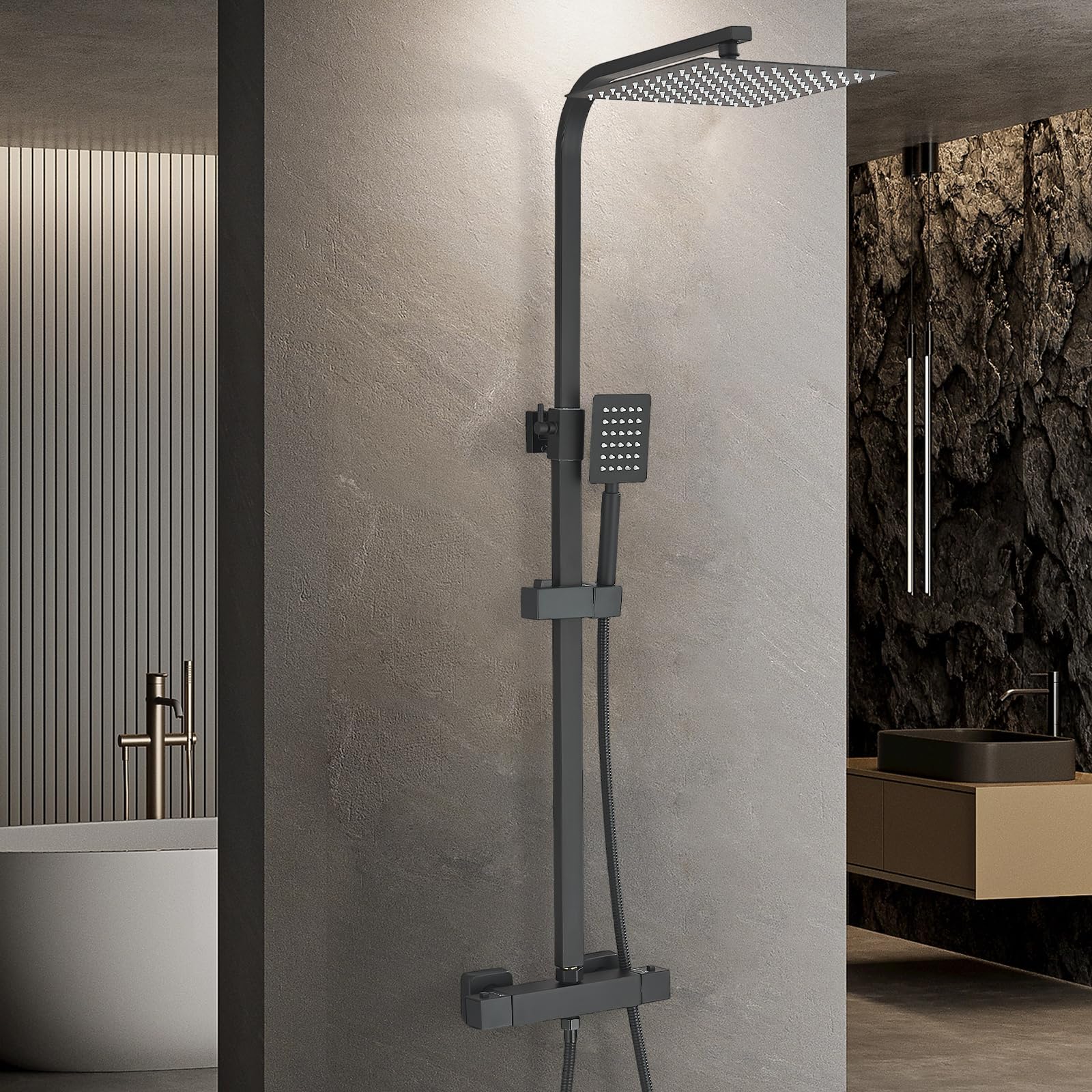 HARNART Bathroom Thermostatic Shower Mixer Set and with Adjustable 8" Overhead Rainfall Shower Head Twin Head,Bath Mixer taps with Shower Quadratische Handbrause,Matter Black