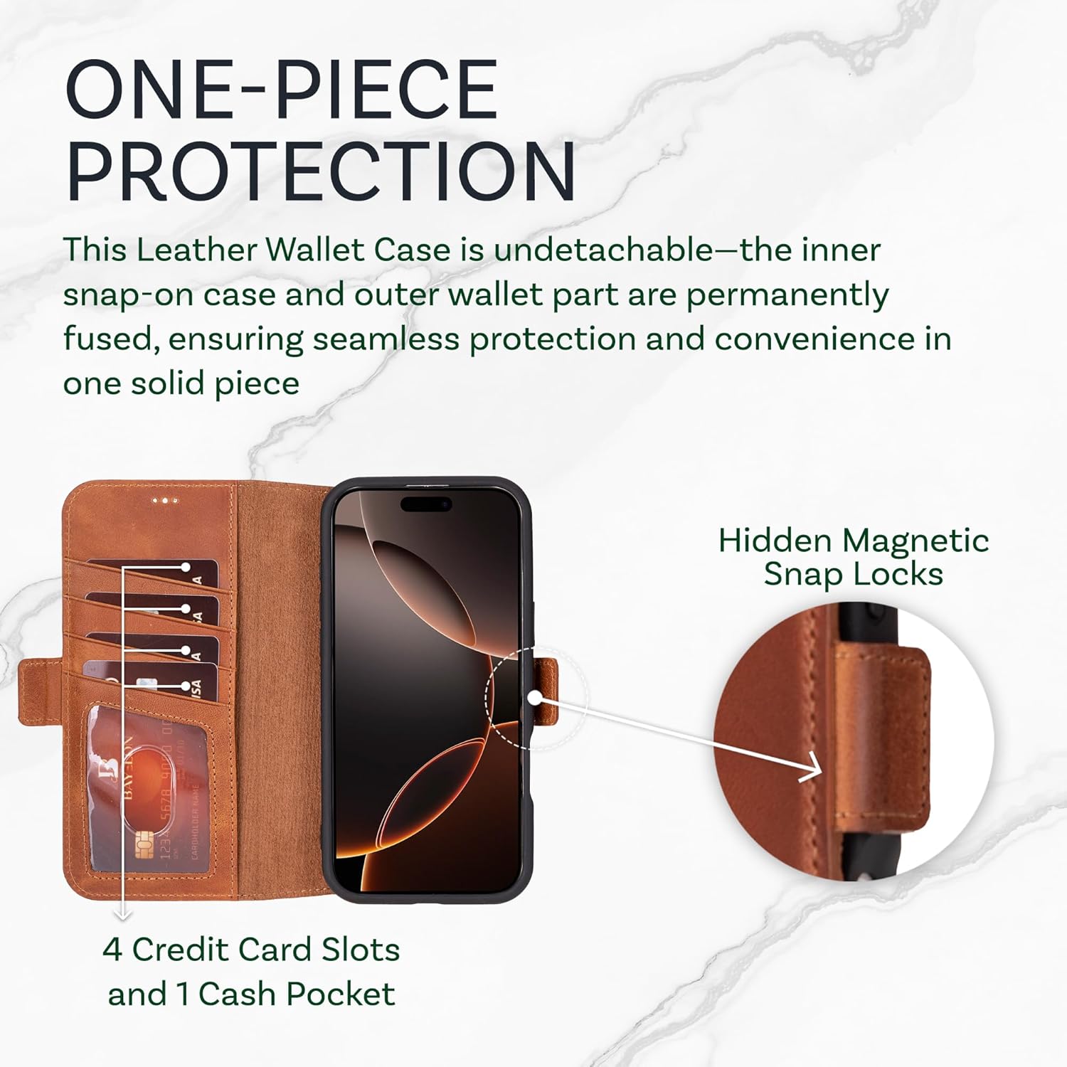 Bayelon Leather Wallet Case for iPhone 16 Pro 6.3" - Flip Cover Card Holder, iPhone 16 Pro Wallet Folio Case, Kickstand, MagSafe Compatible RFID, Real Leather iPhopne 16 Pro Cover (Vintage Brown) - Image 3