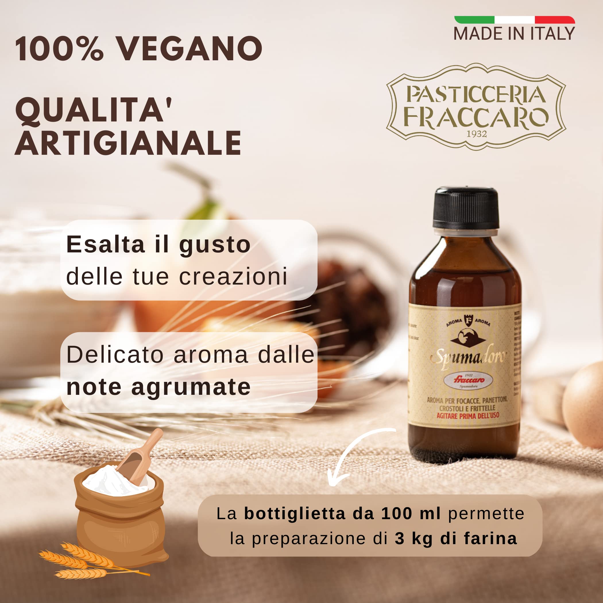 Aroma para Panettone 100 ml, Aroma para Pastelería, Aroma para Tartas y Postres de Masa Madre, Fraccaro Spumadoro - Aroma Cítrico para Tartas, Brioches, Galletas, para 3 kg de Harina