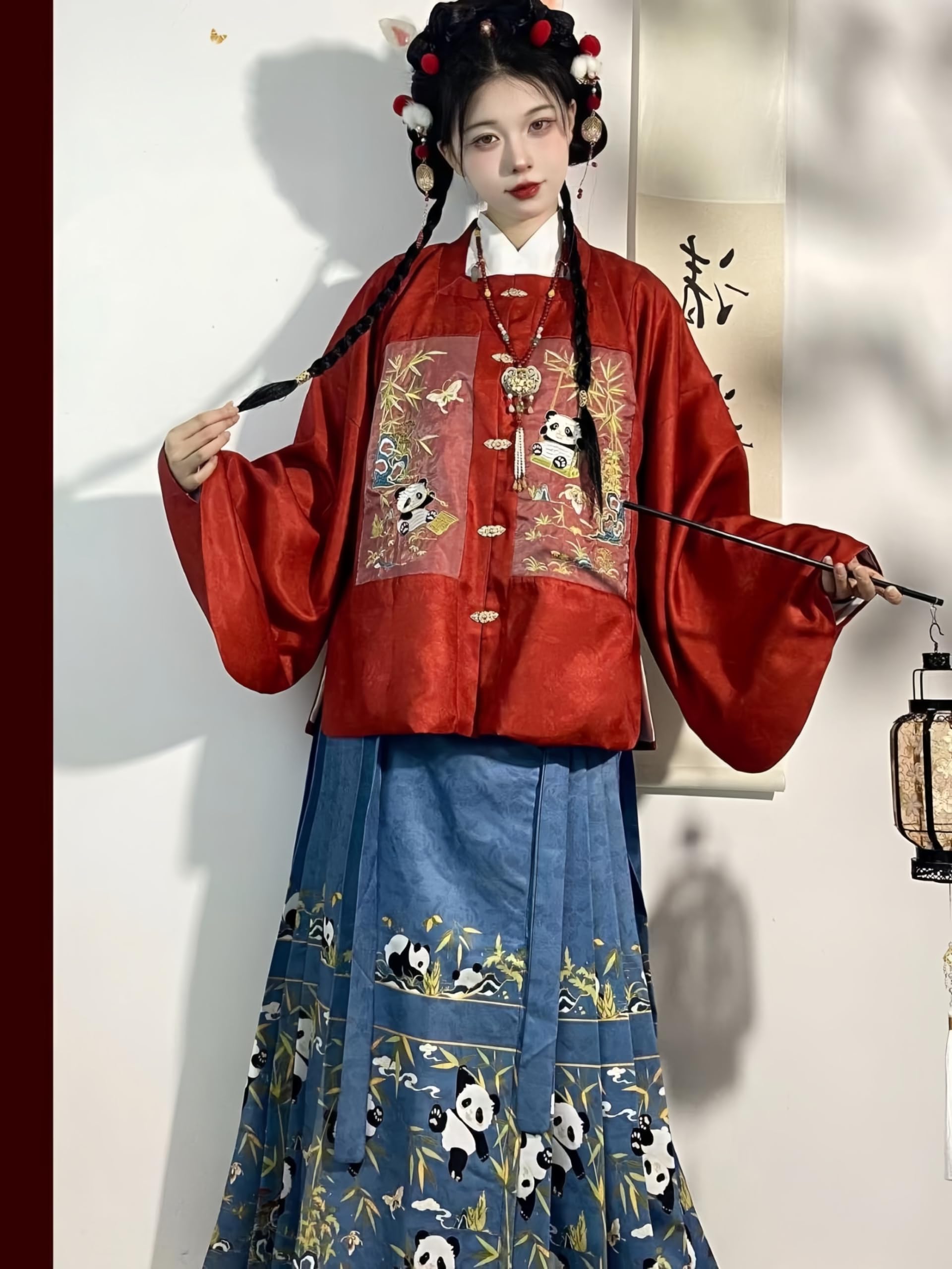 Chiński tradycyjny kostium Hanfu Dress, chińska od dla kobiet Płaszcz z haftowanym kołnierzem i pluszowa kurtka Spódnica z twarzą konia Noworoczna(Red,Medium)