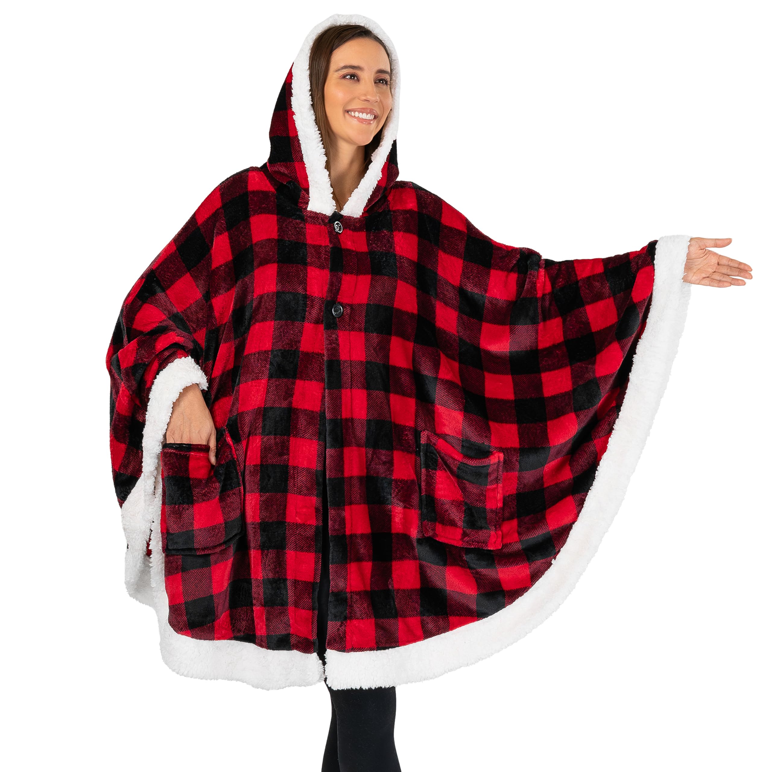 Pavilia Women's Checker Red Angel Wrap Hooded Blanket | Poncho Blanket Wrap With Soft Sherpa Fleece | Wearable Blanket Throw Gift With Hood Pockets Cape | Plush Warm Shawl Cozy Gifts For Wife (Checker Red)