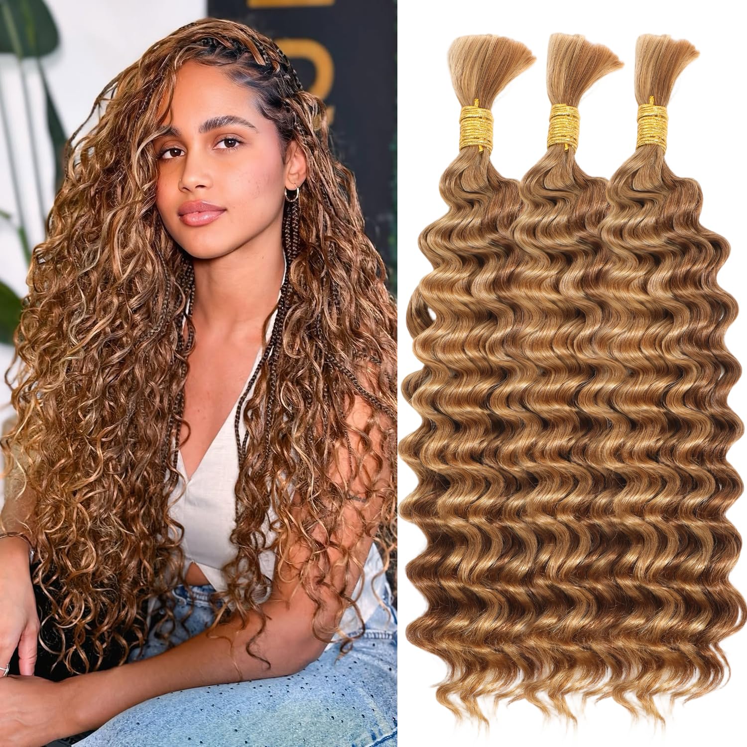 Brown Human Braiding Hair for Boho Braids 20 Inch 120g 3 Bundles Deep Wave Boho Hair for Braiding Brown 100% Human Hair Bulk for Black Women #30