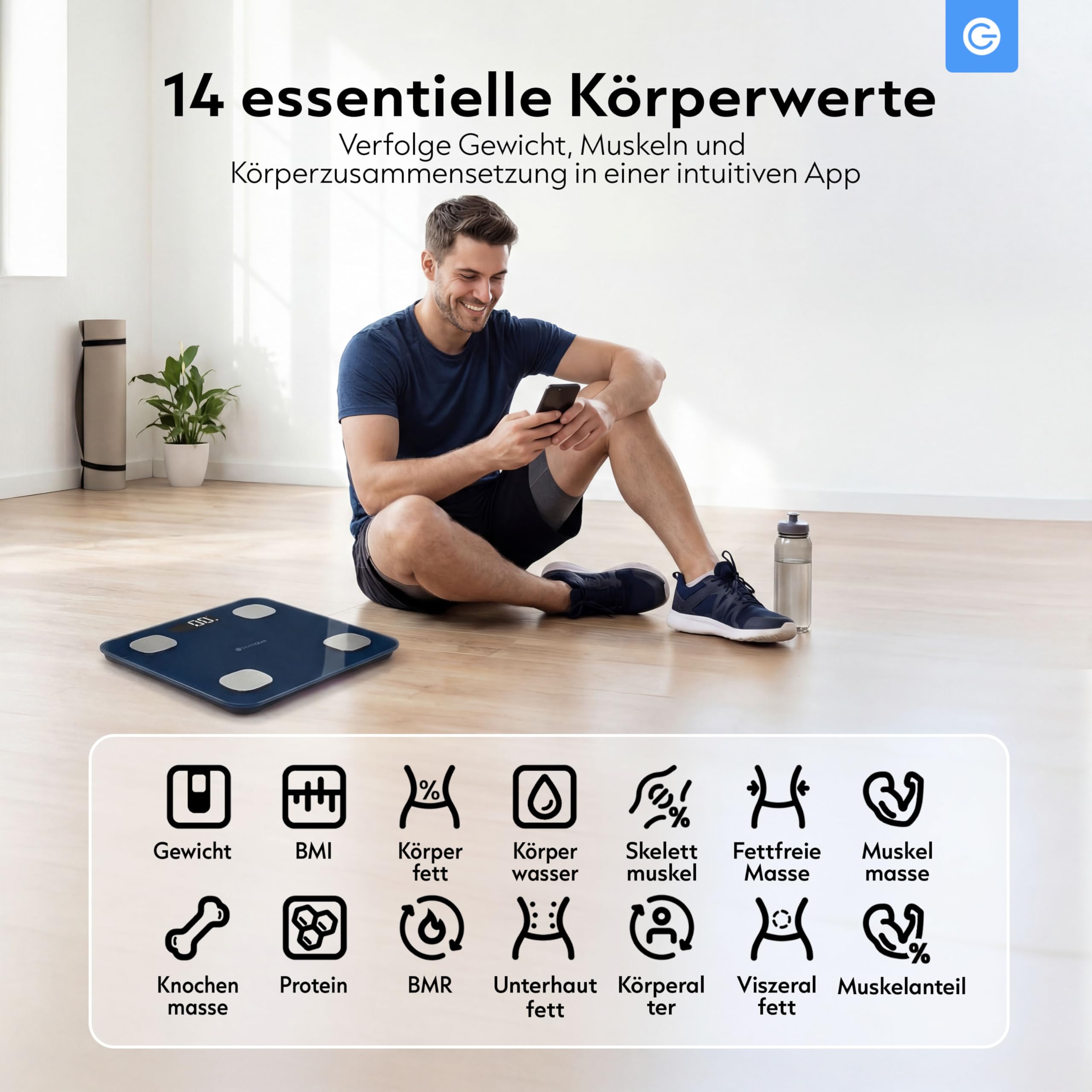 Silvergear® Körperfettwaage | Personenwaage Digital | Bluetooth Körperfettwaage mit App | Smart Waage für Körperanalyse, Muskelmasse & BMI | 27x27cm | Blau