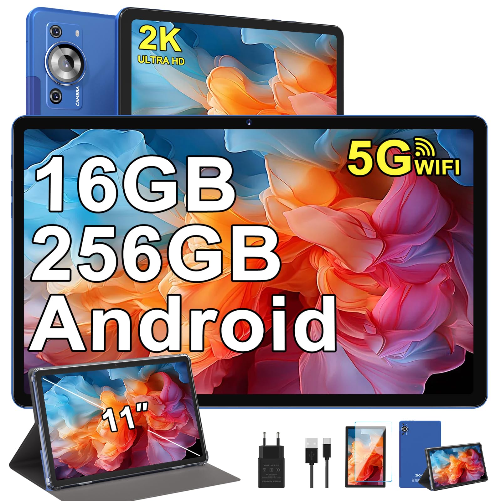 ZIOVO Tablette Android 13 Tablette 11 Pouces 16Go RAM+256Go ROM/TF 1To, 2K Écran Tablette Octa-Core 2.0GHz,5G WiFi/2000 * 1200/8600mAh/13+5MP/GMS Certified/Couvercle métallique,Tablette Tactile -Bleu