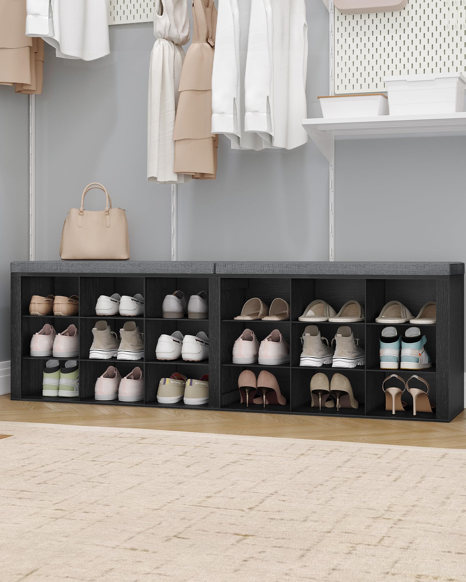 Hzuaneri Schuhbank, Schuhregal mit Sitzfläche, Schuhschrank mit Sitzbank, 18 Fächern, Eingangsbank Verstellbaren Ablagen für Wohnzimmer, Schlafzimmer, 30 x 150 x 48 cm, Schwarz-Dunkelgrau SB25704GY