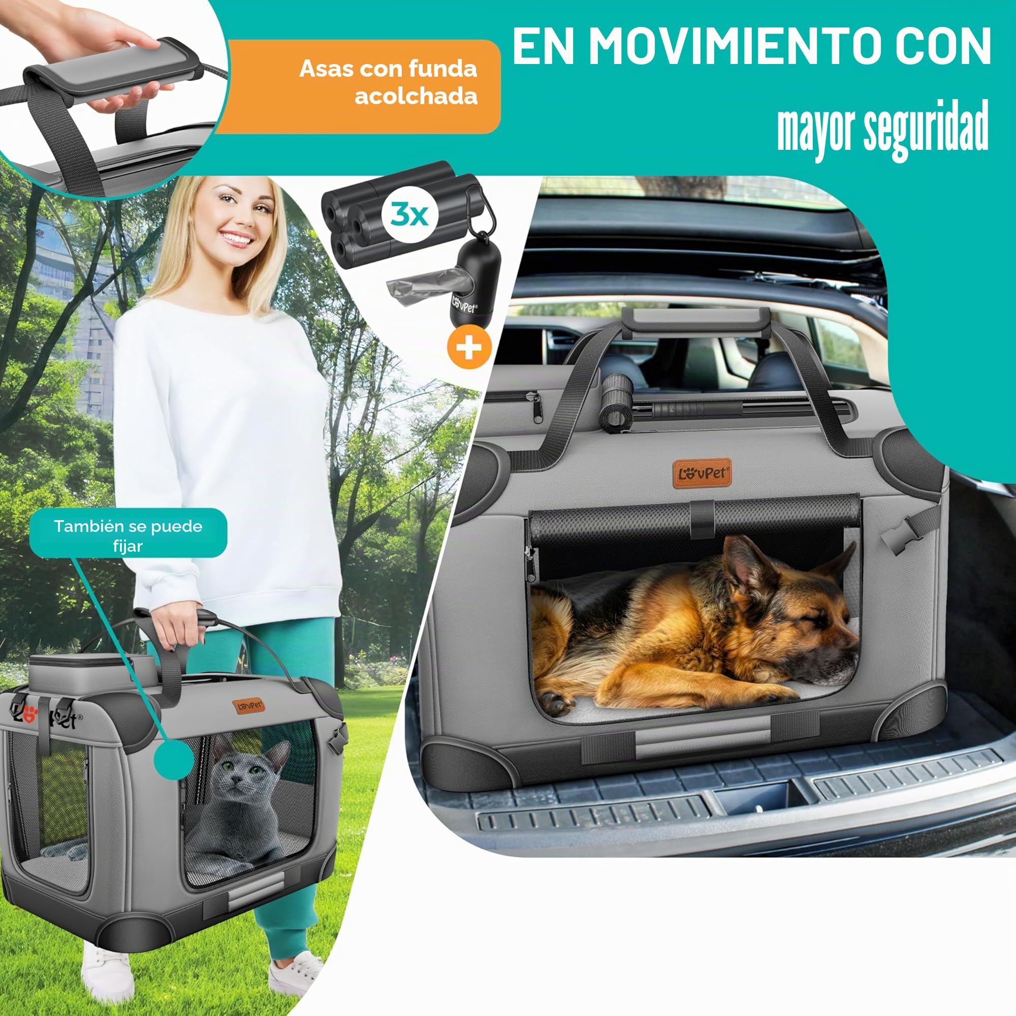 Lovpet® Transportín para perros, plegable, incluye cuenco para alimento, tamaño XXL 91,4 x 63,5 x 63,5 cm, caja de transporte para mascotas, perros y gatos, gris claro